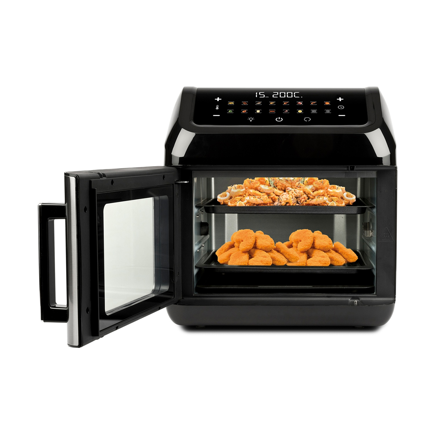 Friggitrice ad aria nera con la porta aperta, che rivela due vassoi di cibo: frutti di mare fritti e pepite di pollo.