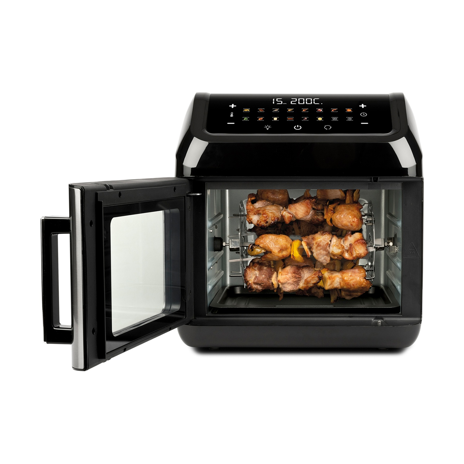 Una friggitrice ad aria nera con la porta aperta, che mostra spiedini di carne cotta. Il display digitale mostra 15 minuti e 200°C.