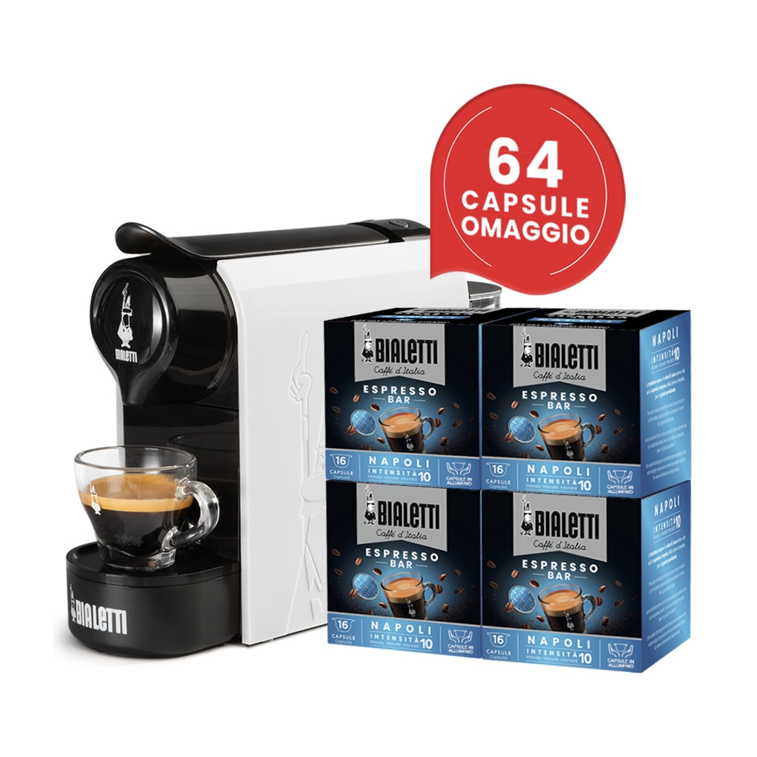 Macchina per espresso con tazza, quattro scatole di capsule di caffè e un'etichetta rossa con 64 capsule.