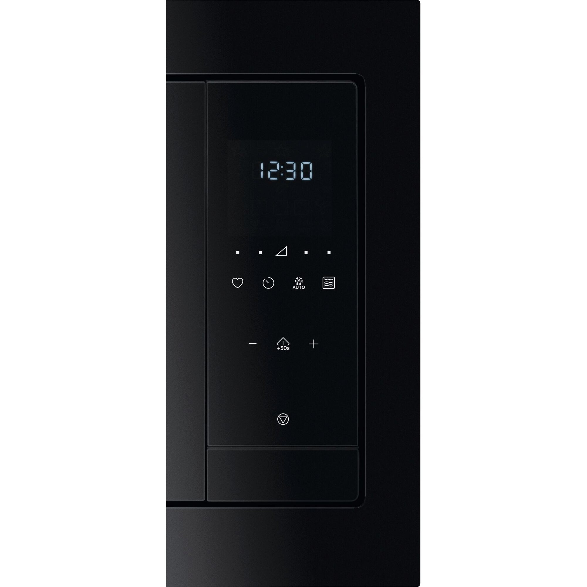 Panel de control de microondas negro con reloj digital que muestra las 12:30. Incluye varios iconos de configuración.