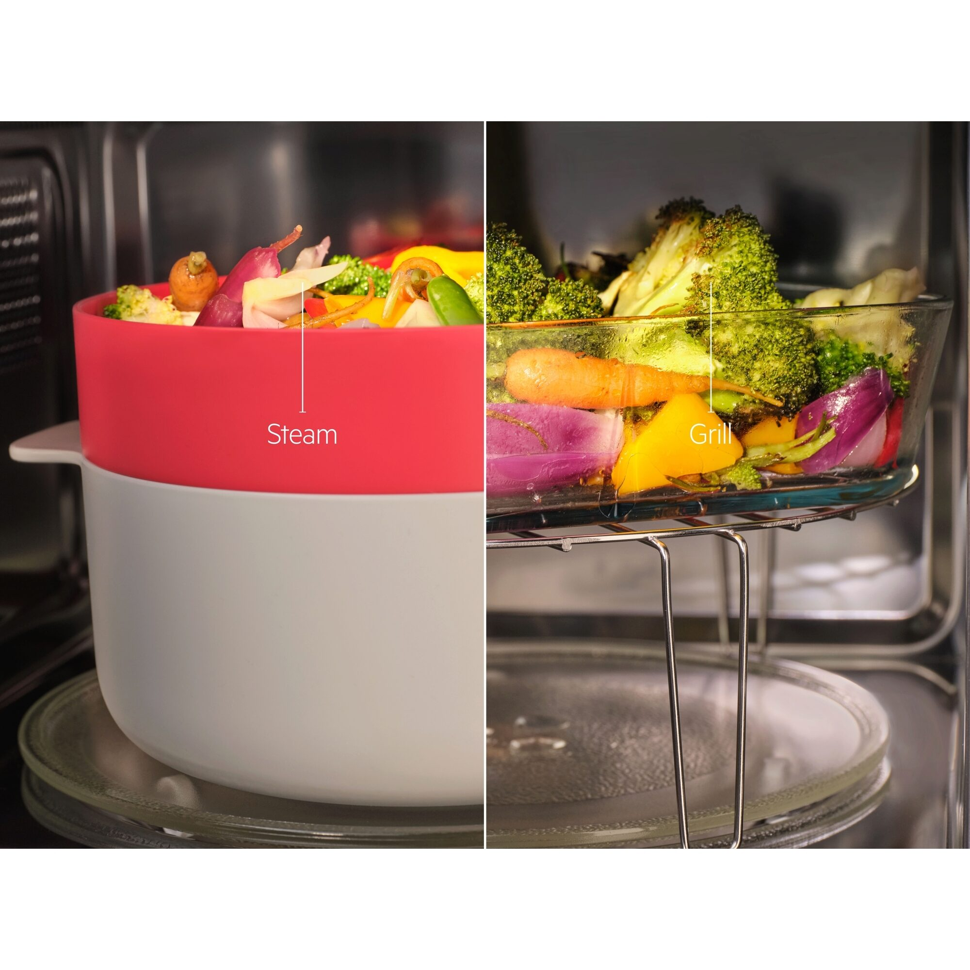Dentro del microondas, dos recipientes con verduras. Opciones de vapor y grill. Se ven brócoli, zanahorias, cebollas y pimientos.