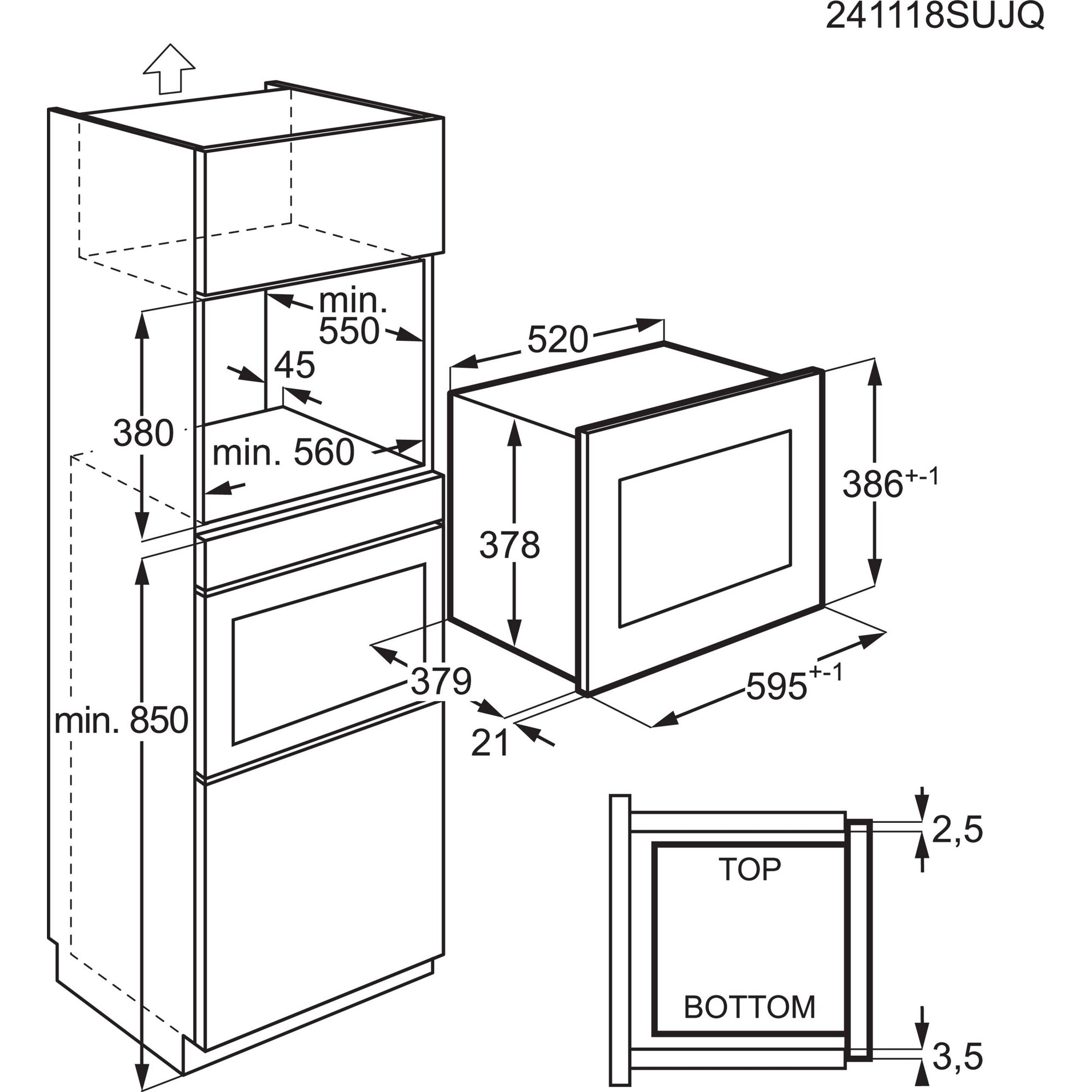 Dibujo técnico de horno y microondas empotrados, con dimensiones en milímetros.