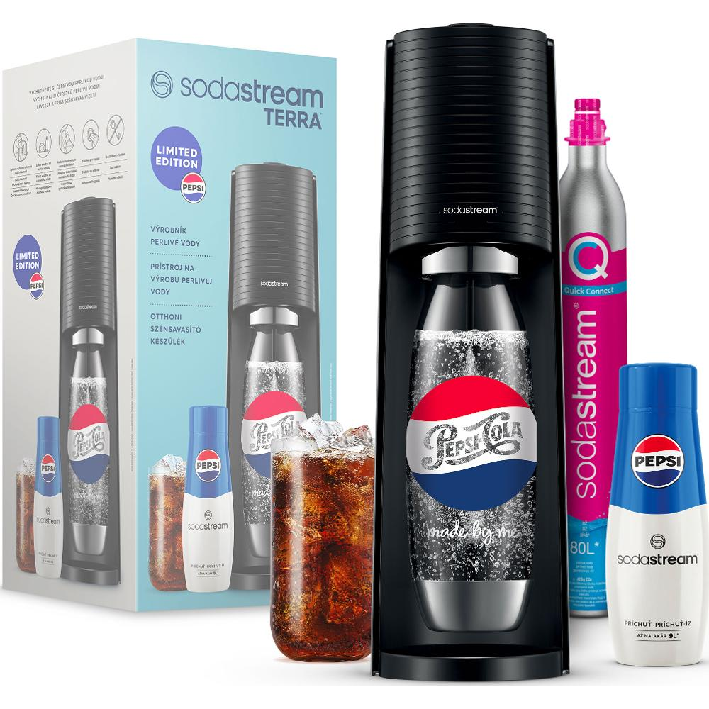 SodaStream Terra Pepsi-vel. Tartalmazza a gépet, palackokat és egy pohár kólát jéggel.