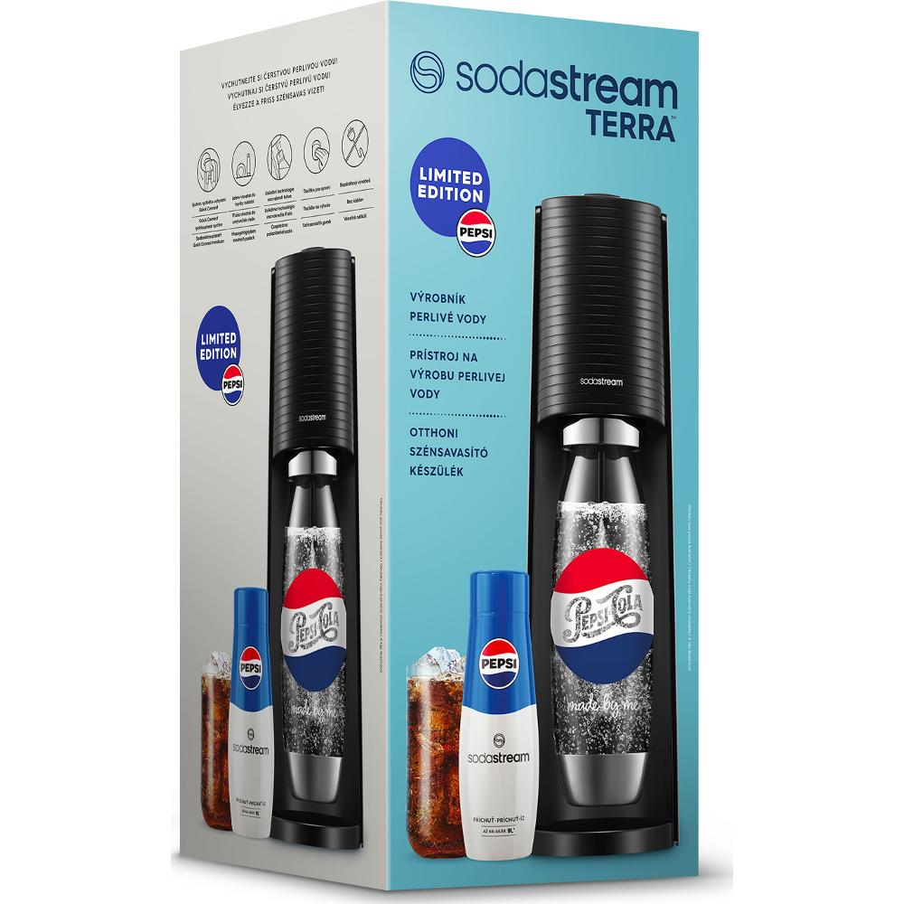Egy Sodastream Terra doboz Pepsi márkájú szénsavasítóval és palackokkal. A doboz kék és fehér, felirattal.