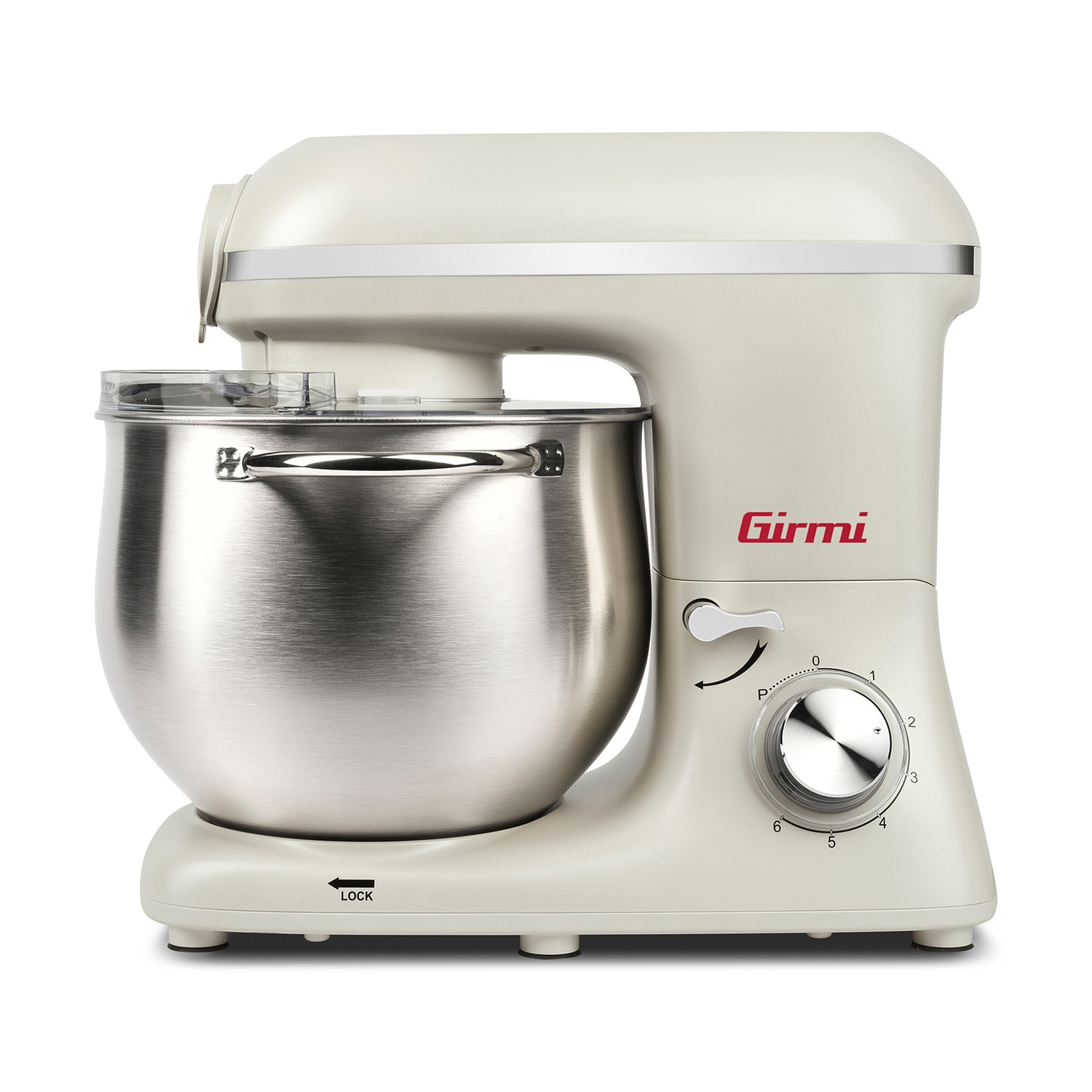 Un'impastatrice Girmi color crema. Ha una ciotola in acciaio inox e un quadrante di controllo della velocità. Lo sfondo è bianco.
