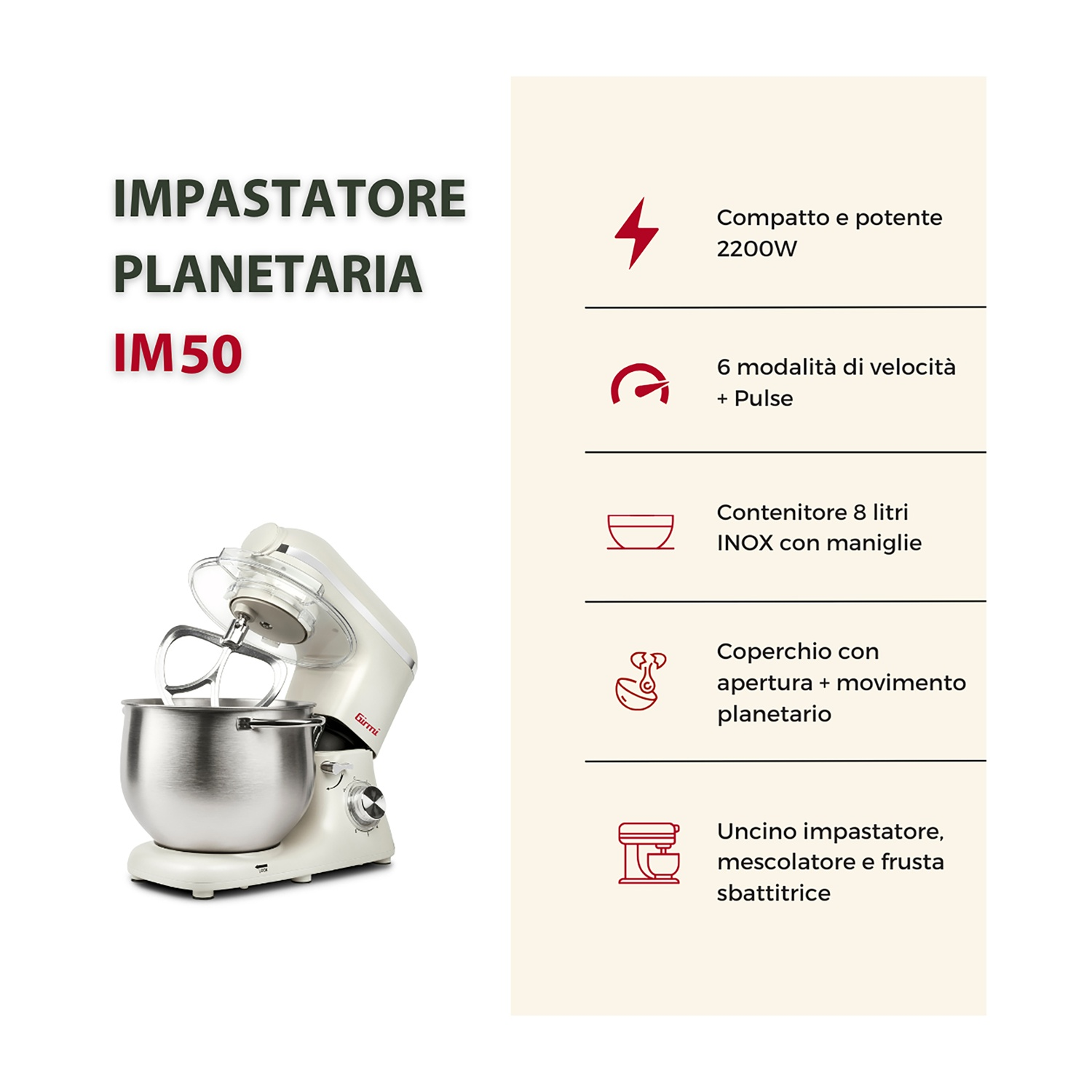 Un impastatore planetario color crema con una ciotola in acciaio inox. Dettagli del testo: 2200W, 6 velocità, contenitore da 8L e accessori inclusi.