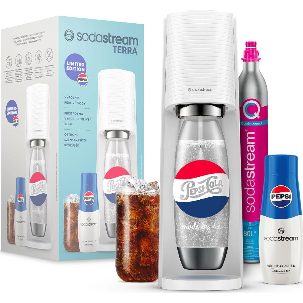 Egy SodaStream Terra Pepsi márkajelzéssel. Tartalmaz palackokat, egy pohár kólát és egy dobozt. Korlátozott kiadás.