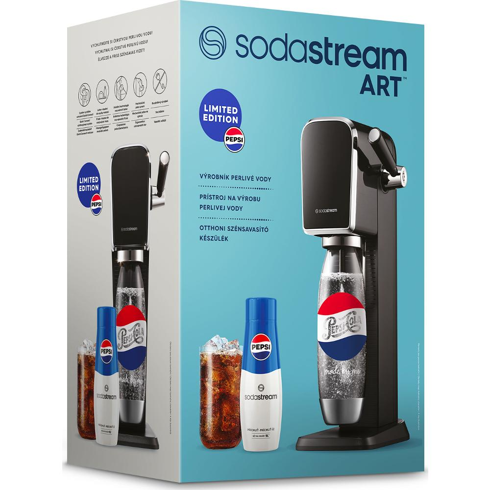 SodaStream Art gép Pepsi palackokkal és poharakkal. Fekete-kék színvilág, Limited Edition márka.
