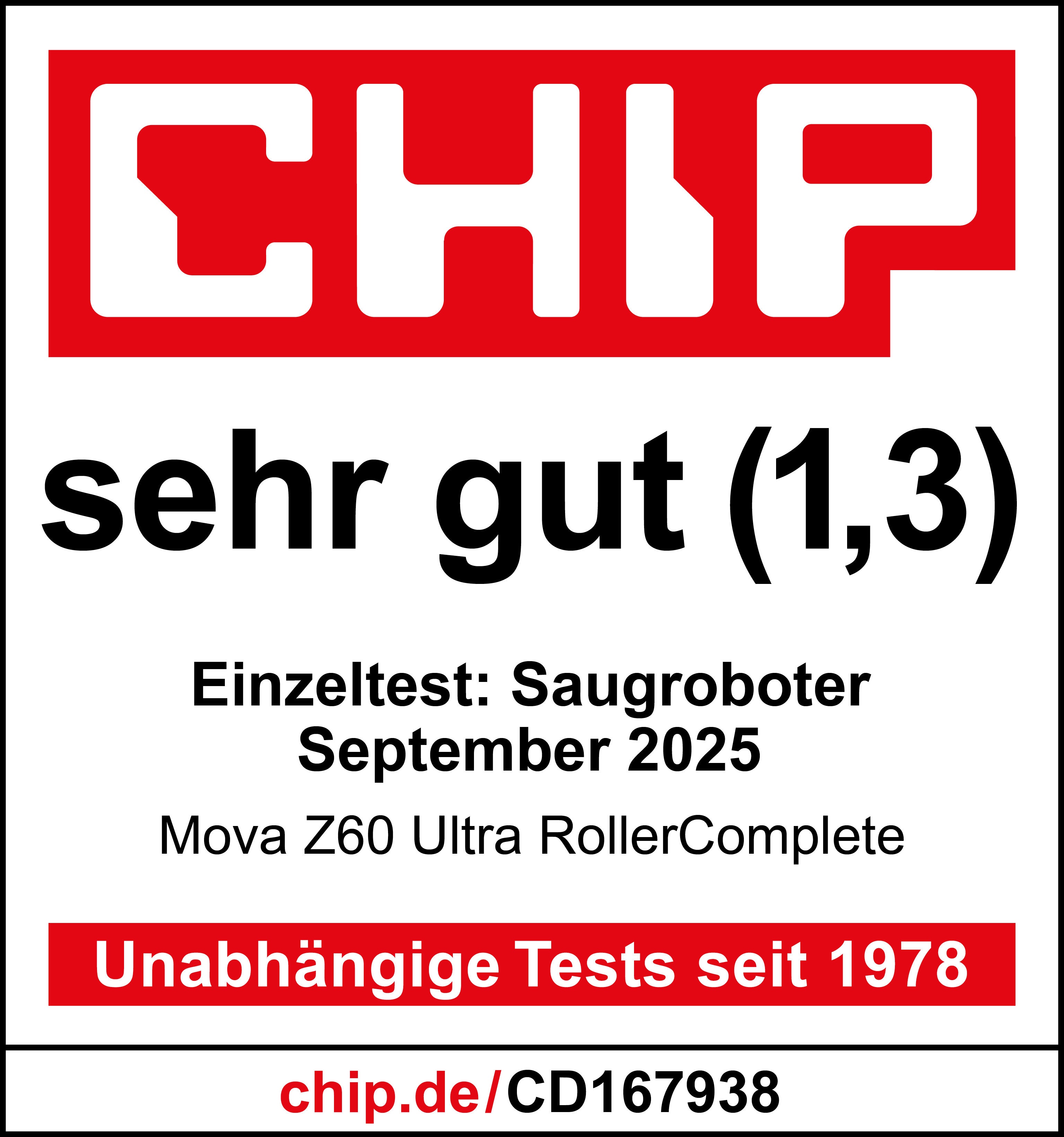 Das Bild zeigt ein rot-weißes Logo mit Text. Es enthält die Wörter 'sehr gut' und 'chip.de/CD167938'.