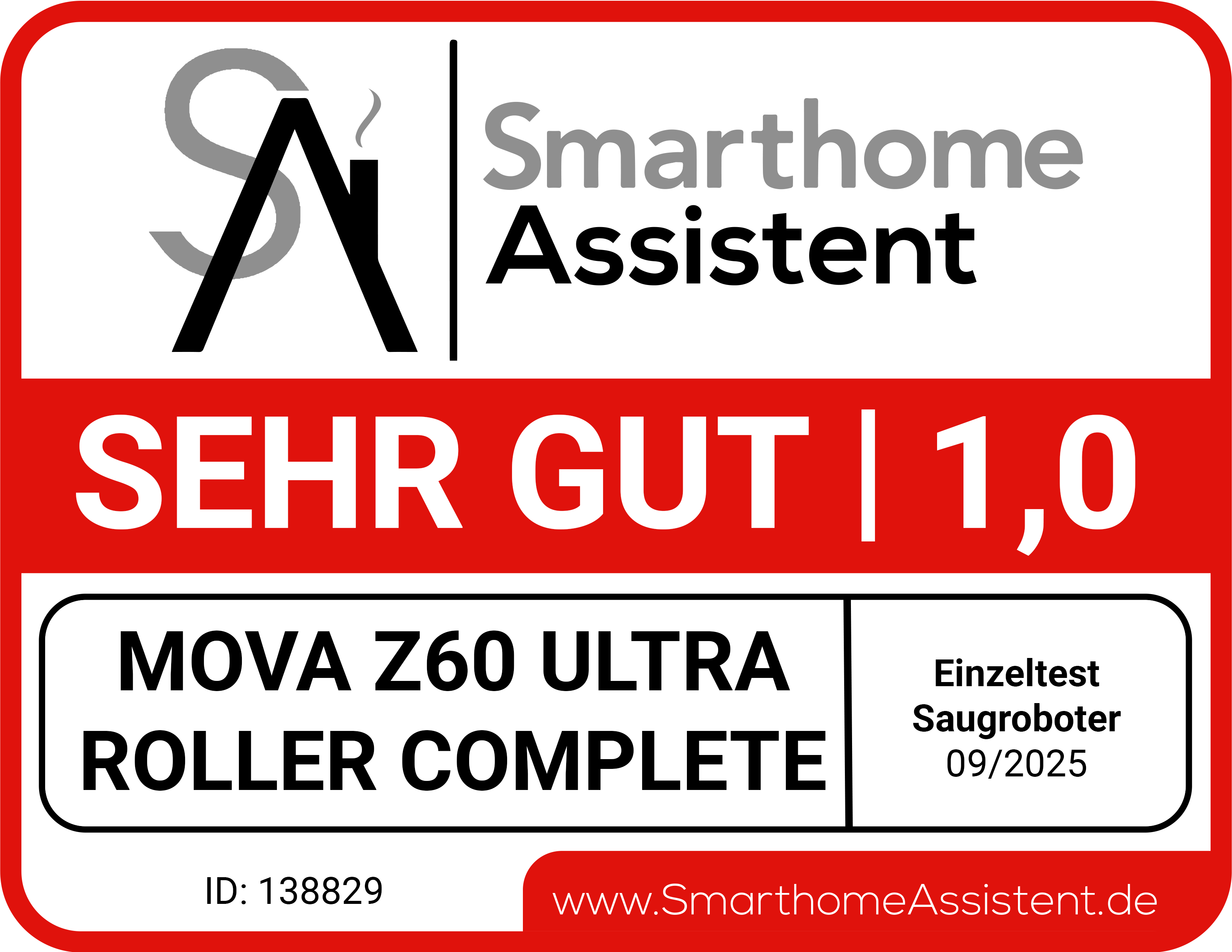 Das Bild ist eine Produktbewertung mit Text auf Deutsch. Es zeigt eine Bewertung von 'SEHR GUT' für MOVA Z60 ULTRA.
