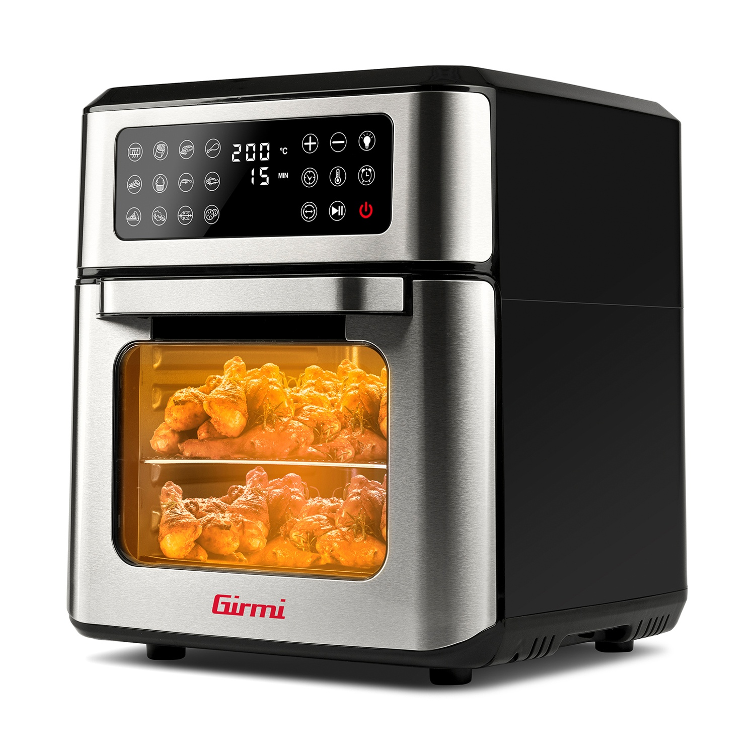 Una friggitrice ad aria con cibo all'interno, comandi in alto e un display che mostra temperatura e tempo. Il marchio è Girmi.