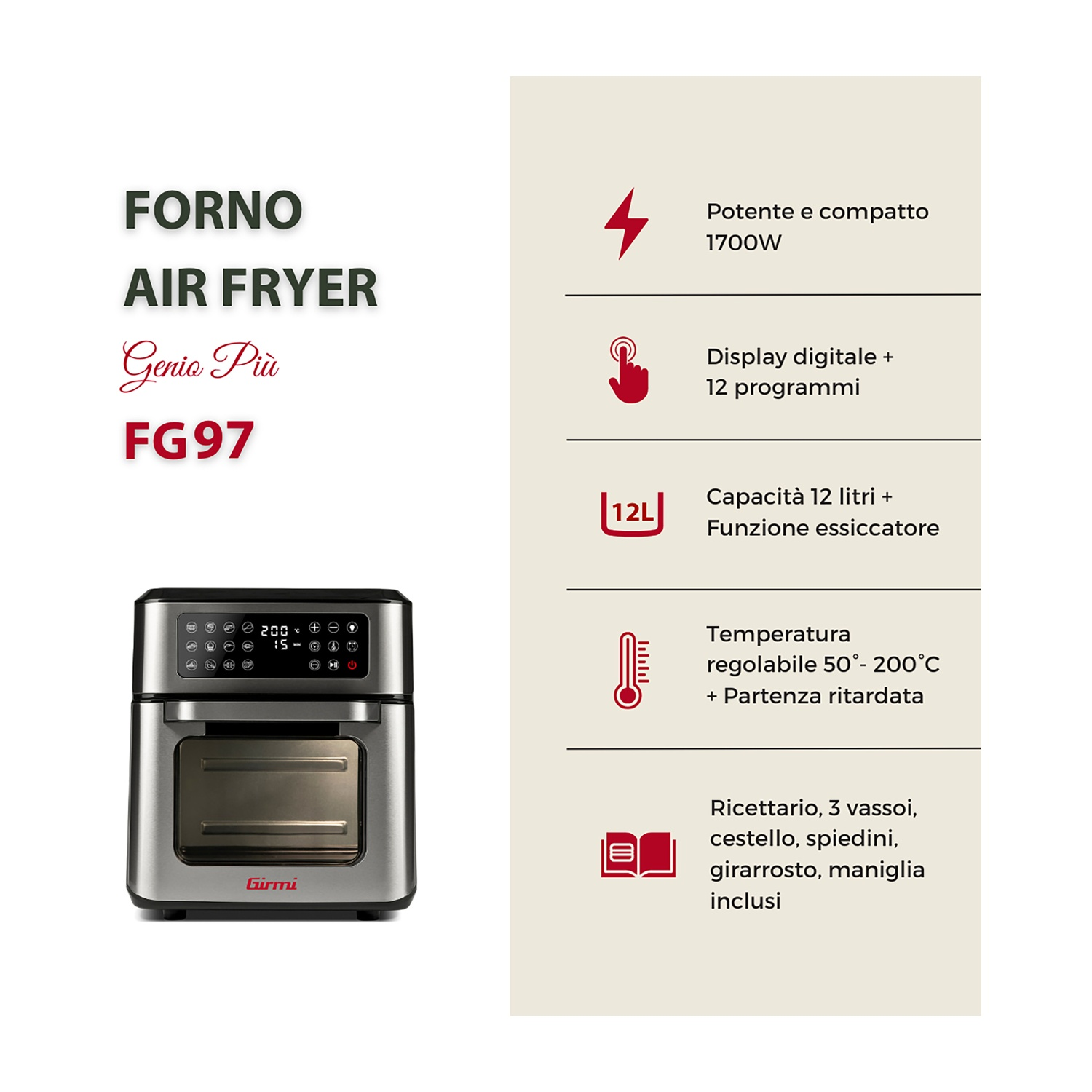 Gourmia Air Friggitrice Tostapane Combo - Forno tostapane digitale all