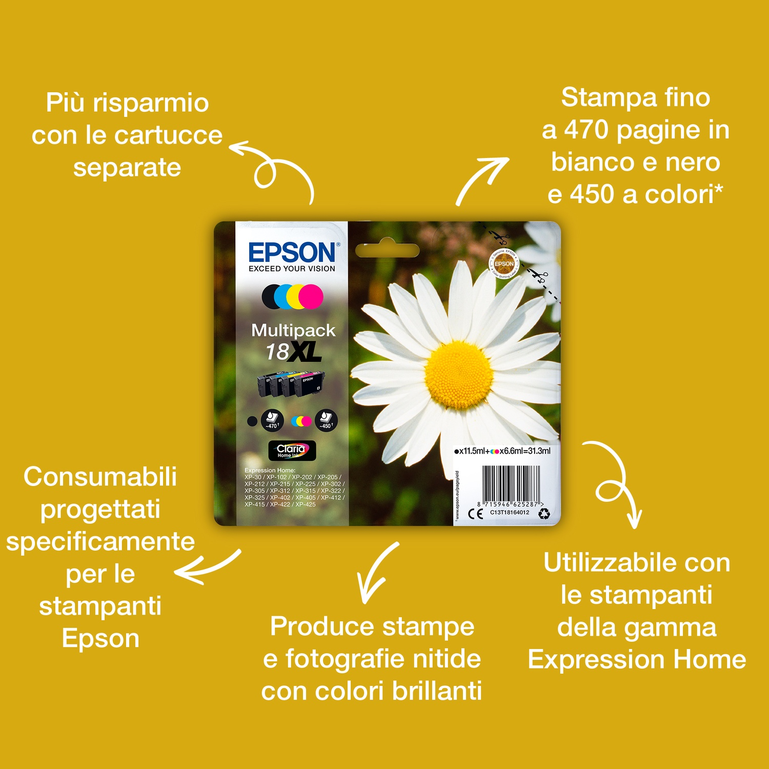 Confezione di cartucce d'inchiostro Epson. Mostra i dettagli del prodotto, margherita e testo in italiano.