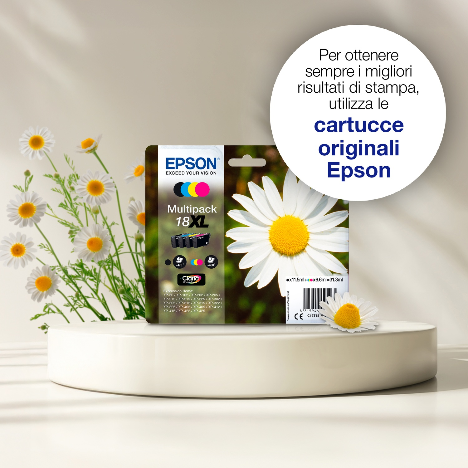 Un pacco di cartucce Epson su un podio bianco, circondato da margherite. Un cerchio pubblicizza le cartucce Epson.