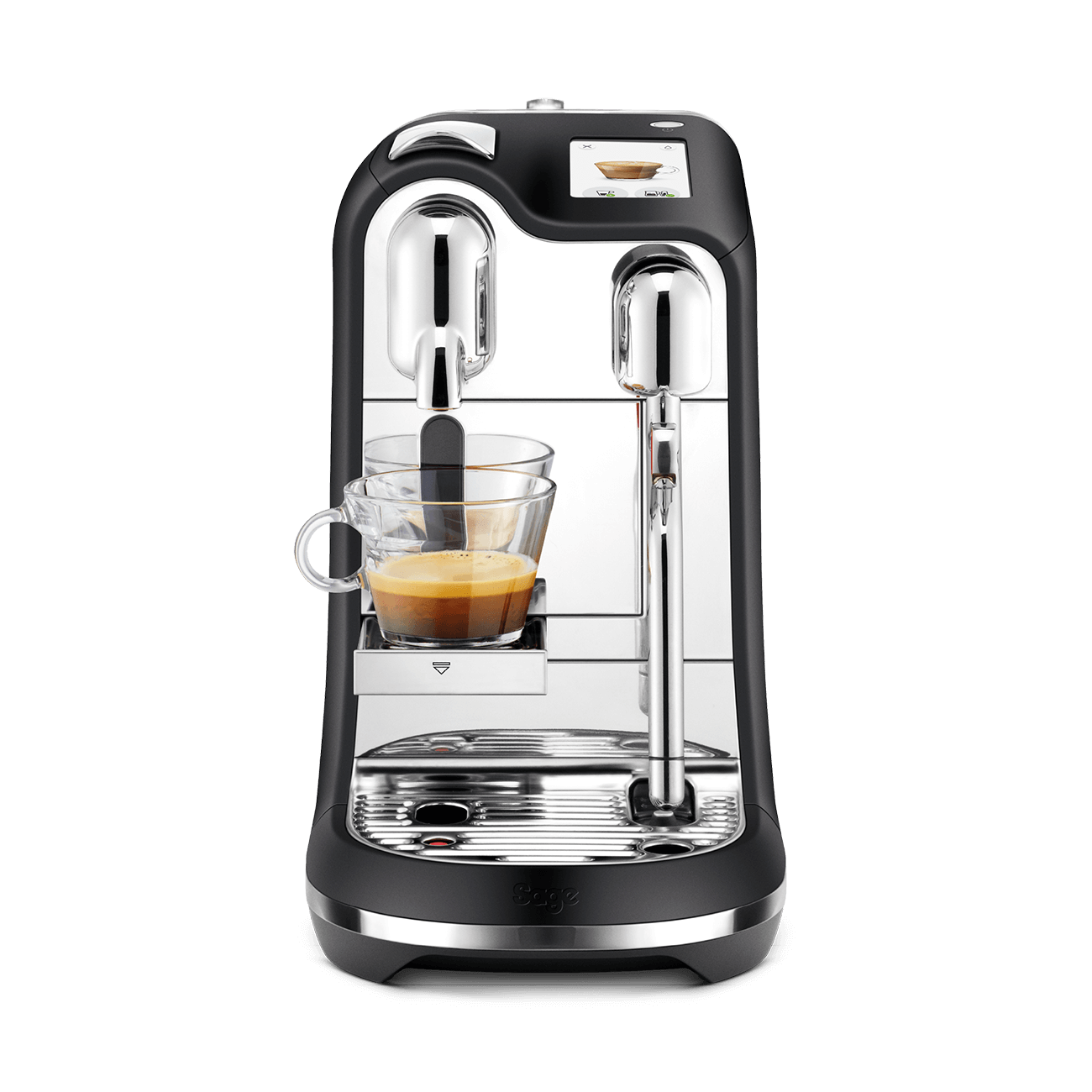 Eine schwarz-verchromte Espressomaschine. Eine Glastasse ist mit Kaffee gefüllt. Ein Bildschirm zeigt den Brühvorgang.