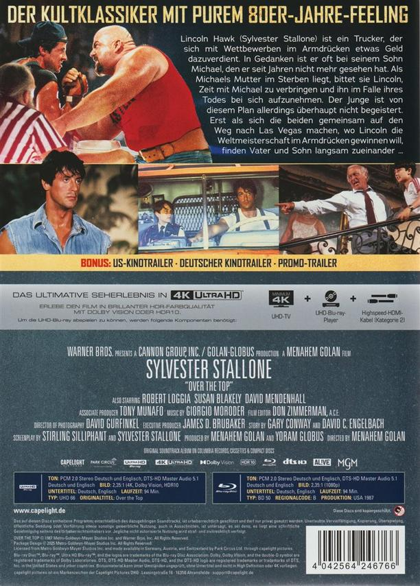 Filmplakat mit Sylvester Stallone, Armdrücken-Szene, und Filmdetails.