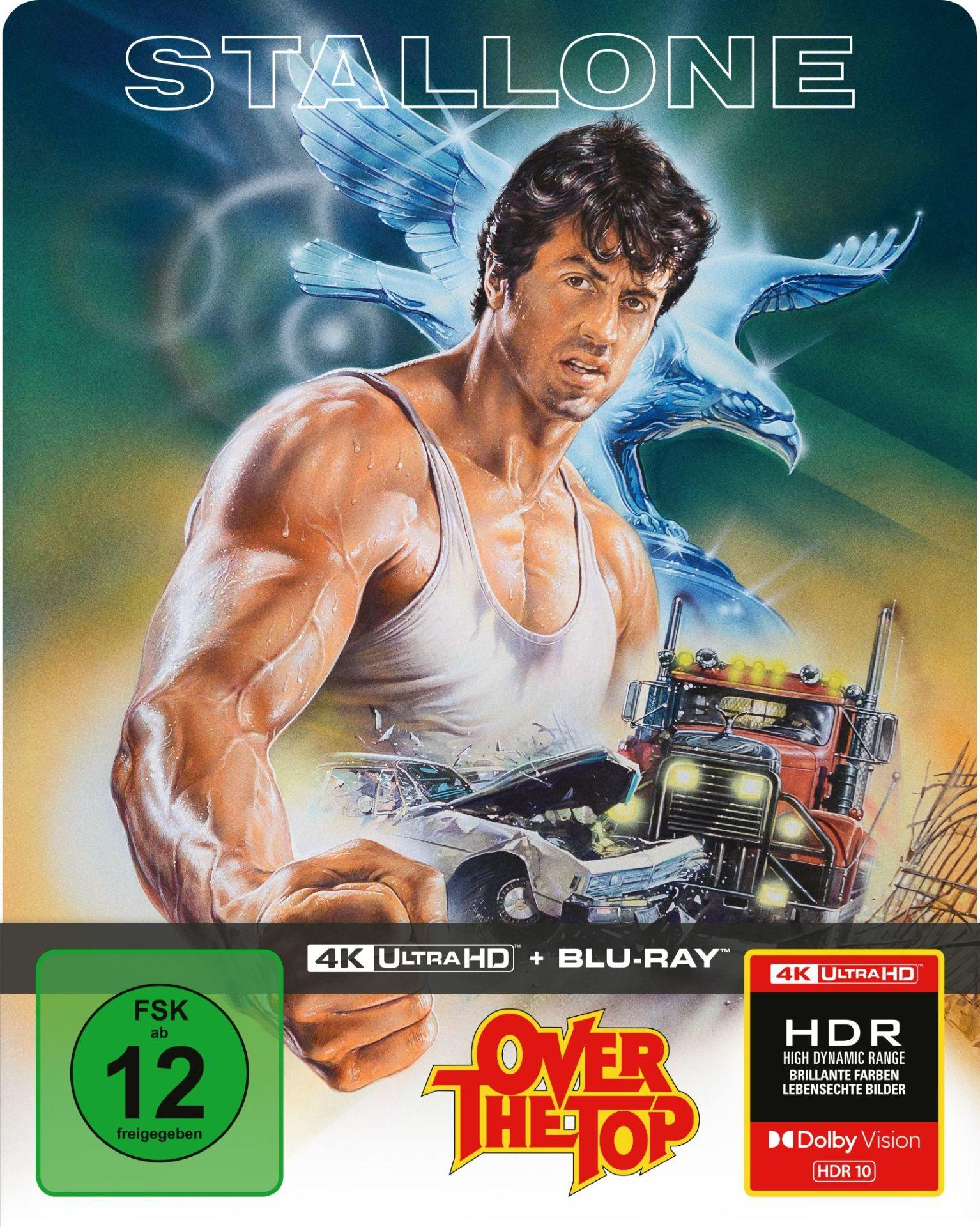 Poster für den Film 'Over the Top'. Stallone in weißem Tanktop. Truck- und Adler-Grafik. 4K Ultra HD und Blu-Ray.