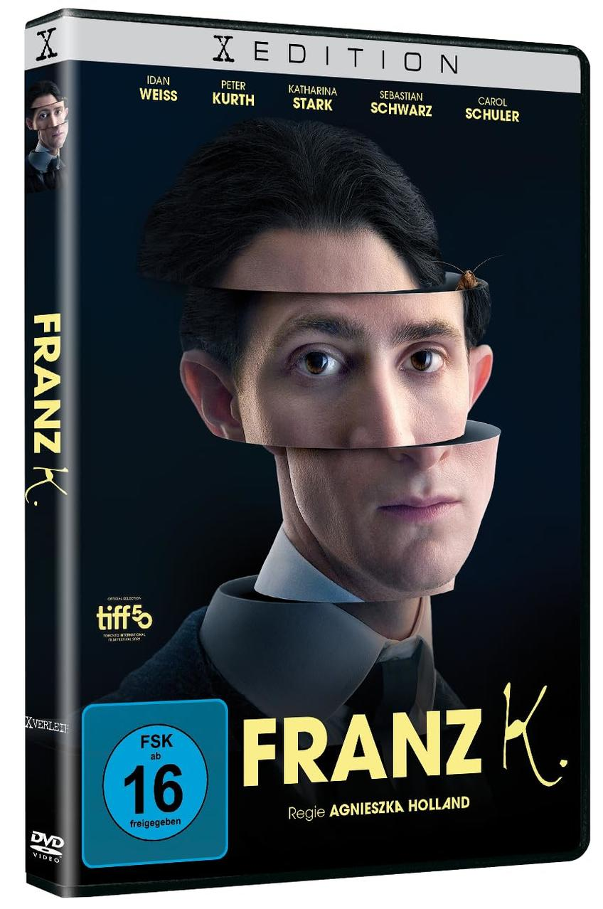 DVD-Cover. Das Gesicht eines Mannes ist aufgeschnitten. Titel: Franz K. Namen der Schauspieler sind aufgelistet. Bewertung ist 16.
