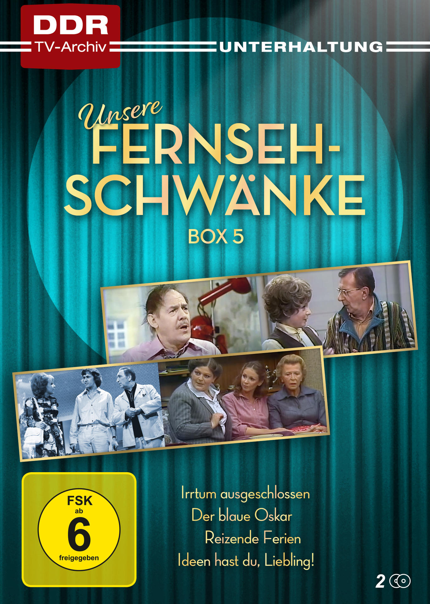 DVD-Cover für 'Unsere Fernsehschwänke'. Zeigt Schauspieler, Titel, Boxnummer und Bewertung. Hintergrund ist ein türkisfarbener Vorhang.