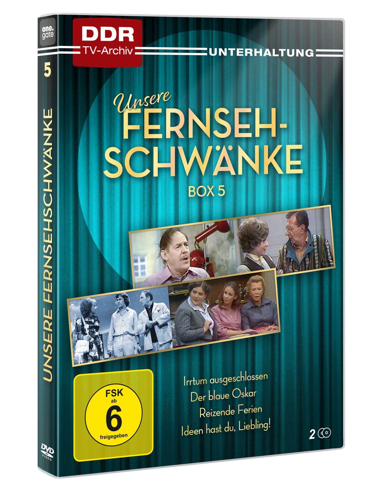 DVD-Boxset von "Unsere Fernsehschwänke" mit Fotos von Schauspielern und Text. Grüner Hintergrund mit goldenem Text und gelber Altersfreigabe.
