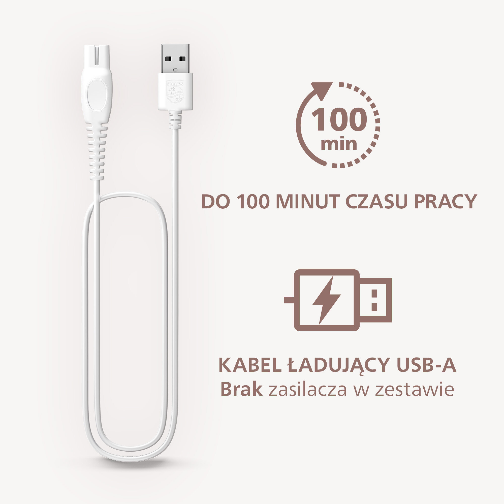 Biały kabel ładujący USB-A z logo Philips. Obrazek pokazuje czas ładowania i ikonę USB z tekstem.
