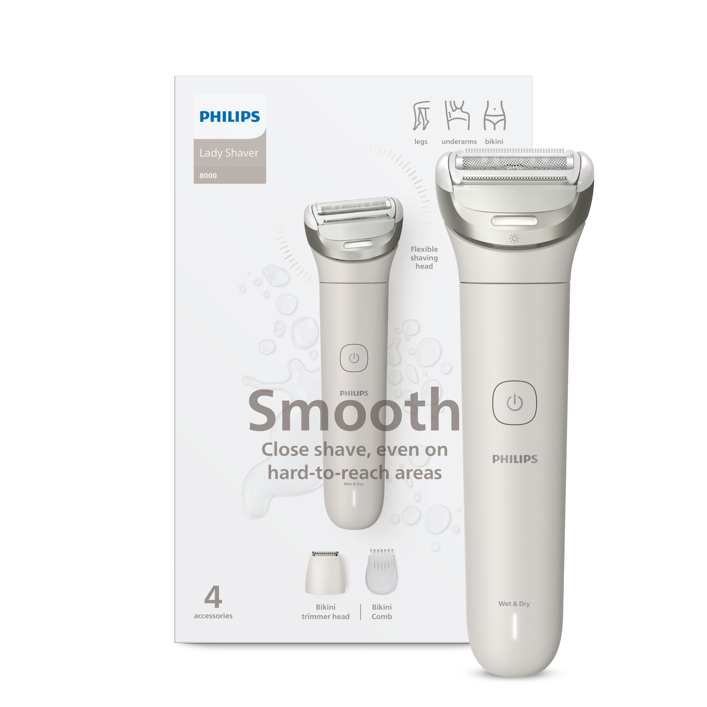 Zdjęcie przedstawia golarkę Philips Lady Shaver z akcesoriami. Opakowanie zawiera tekst i ilustracje.