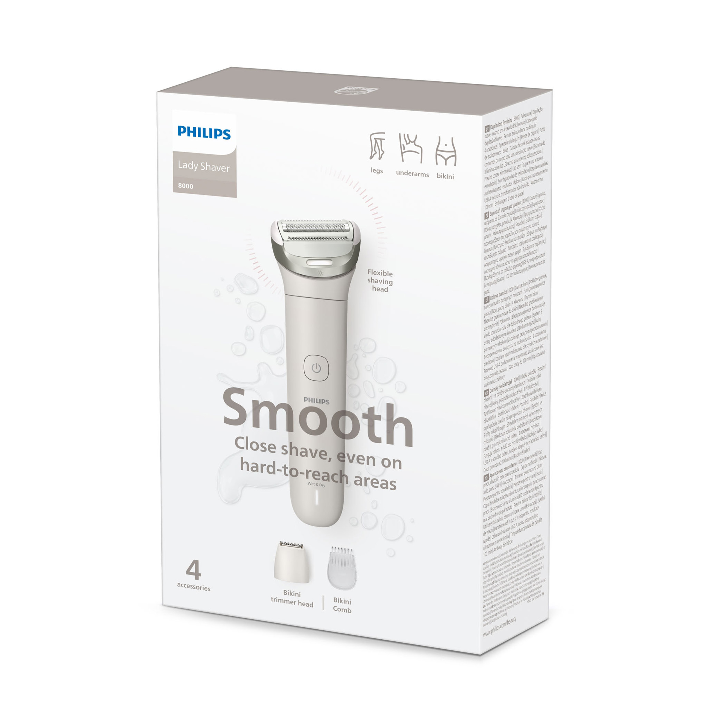 Pudełko Philips Lady Shaver 8000. Pokazuje golarkę, akcesoria i tekst o gładkim goleniu.