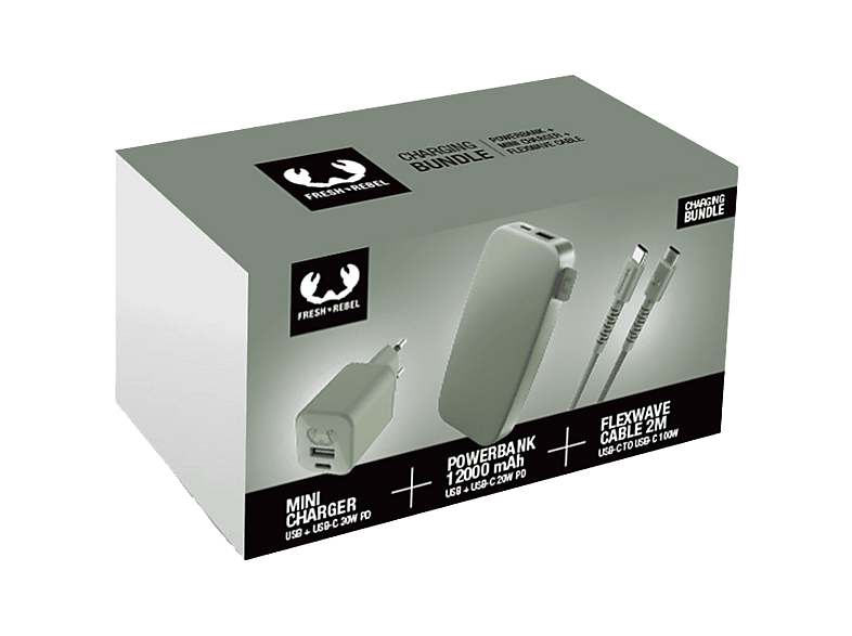 Fresh 'n Rebel Oplaadbundel 12.000 mAh Powerbank, 30W Adapter en 2m USB-C Kabel Groen