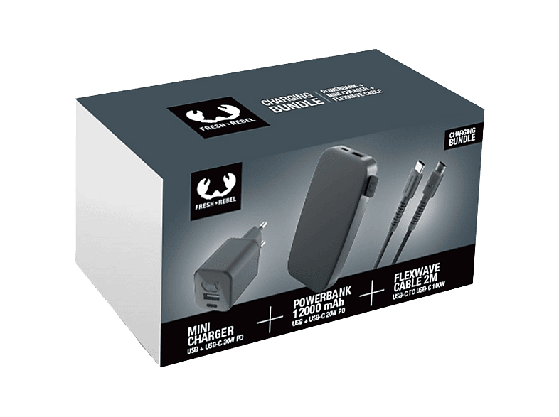 Fresh 'n Rebel Kit de Charge Batterie Externe 12 000 mAh, Adaptateur 30W et Câble USB-C Gris Sidéral