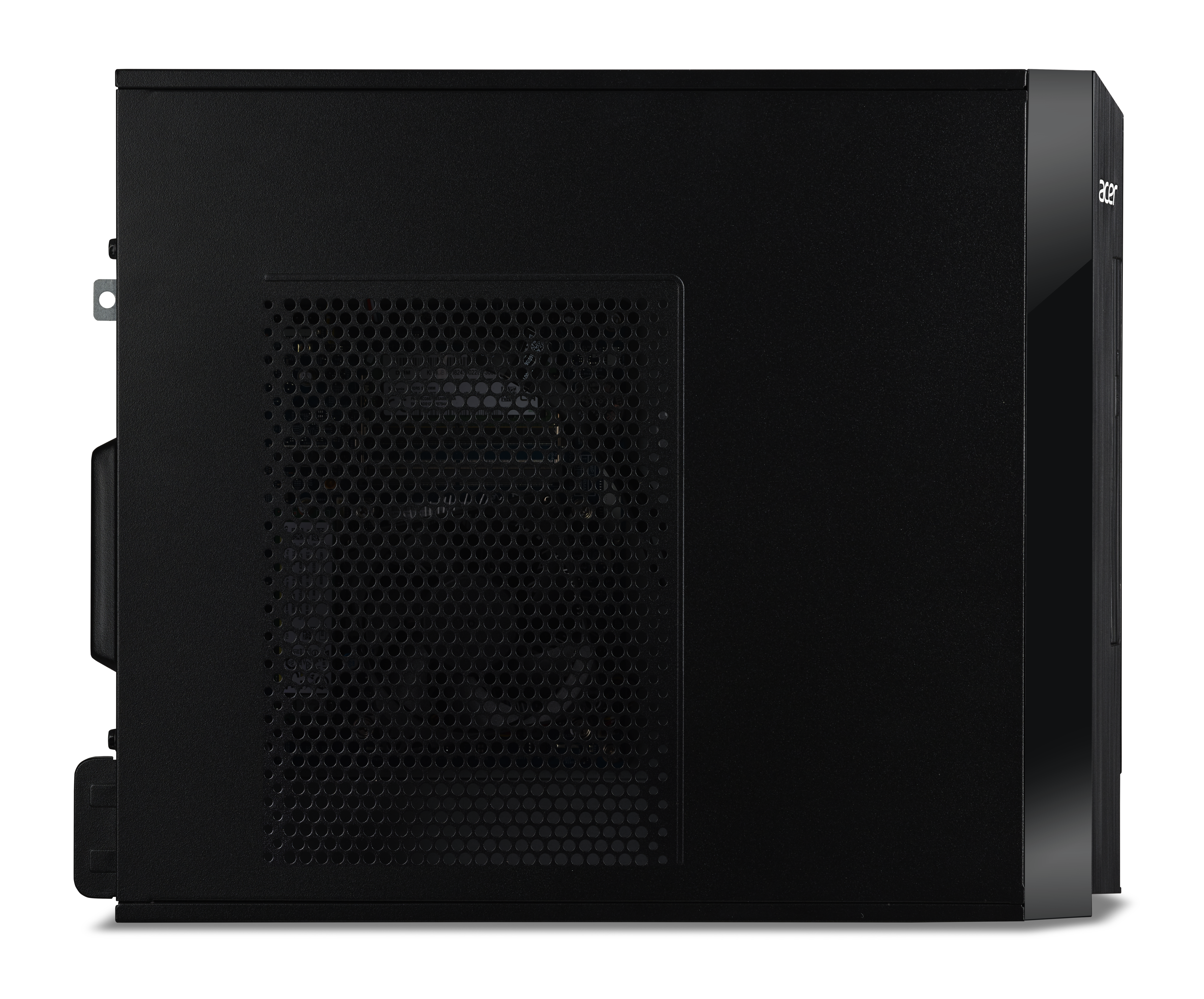 Schwarzes Acer-Computergehäuse mit Mesh-Lüftungsschlitz und glänzender Seitenwand. Acer-Logo sichtbar.