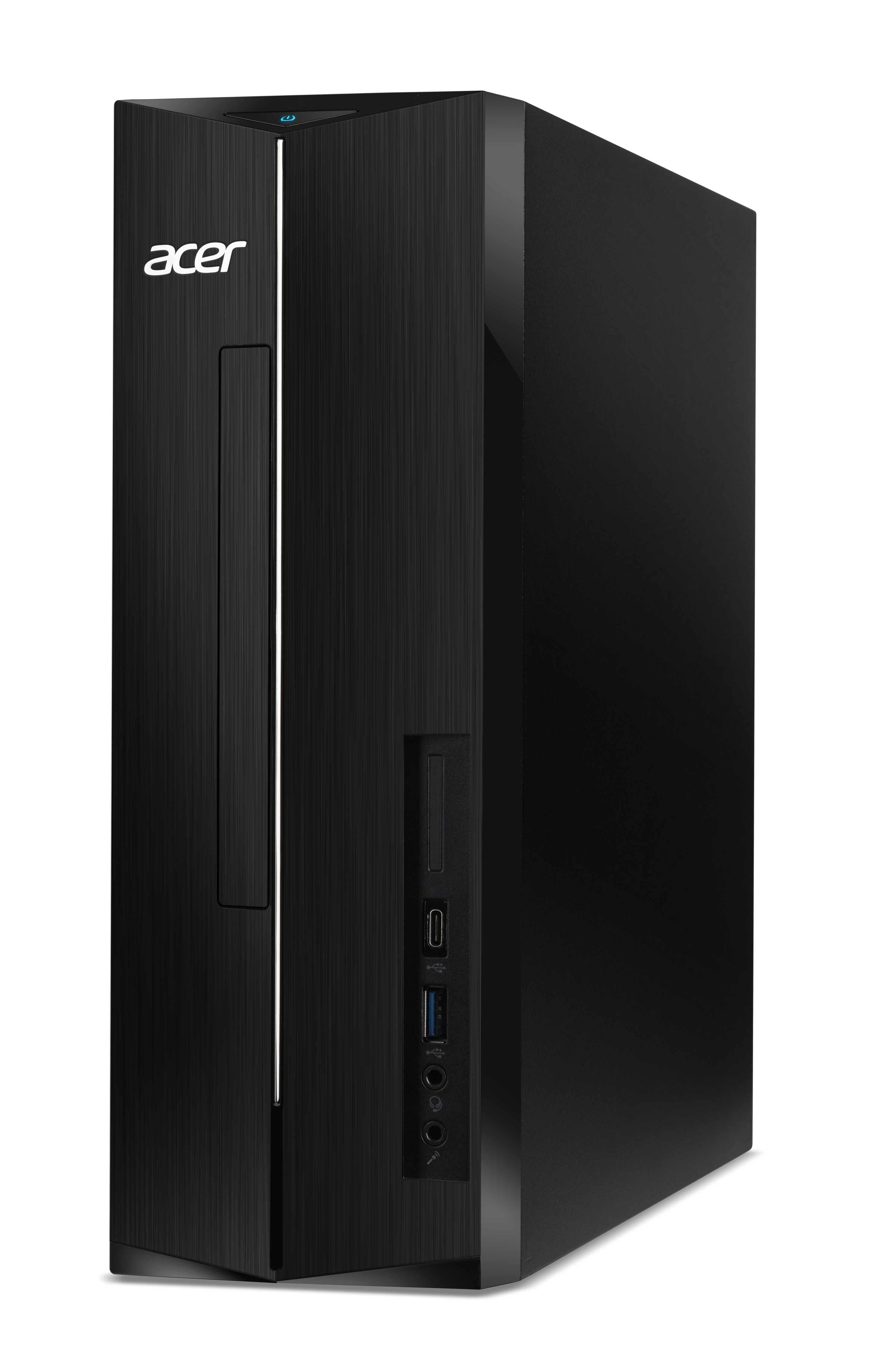 Schwarzer Acer Desktop-Computer. Vorderansicht, vertikale Linien auf dem Gehäuse. USB-Anschlüsse und Ein-/Aus-Taste sichtbar.
