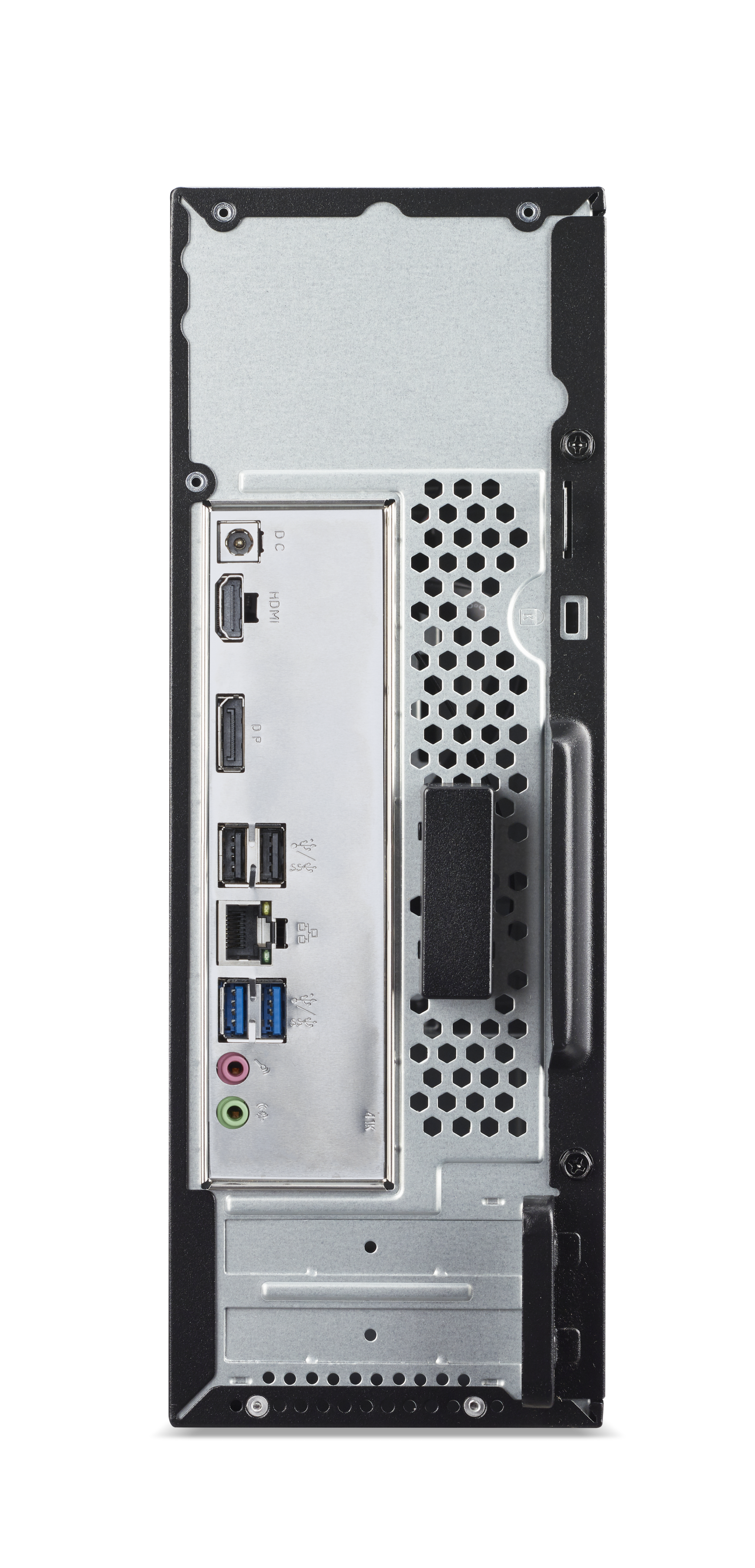 Die Rückseite eines Computergehäuses mit verschiedenen Anschlüssen: HDMI, DP, USB, Audioanschlüssen und einem Lüftungsgitter. Schwarzer Hintergrund.