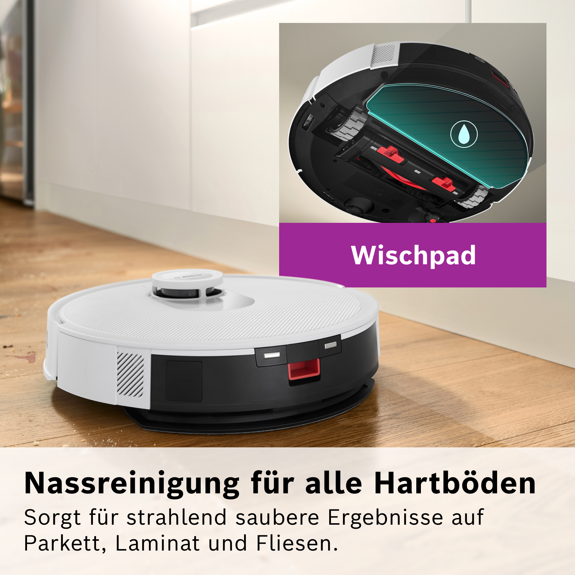 Ein weiß-schwarzer Roboter-Staubsauger auf Holzboden, mit Nahaufnahme seiner Reinigungsteile.