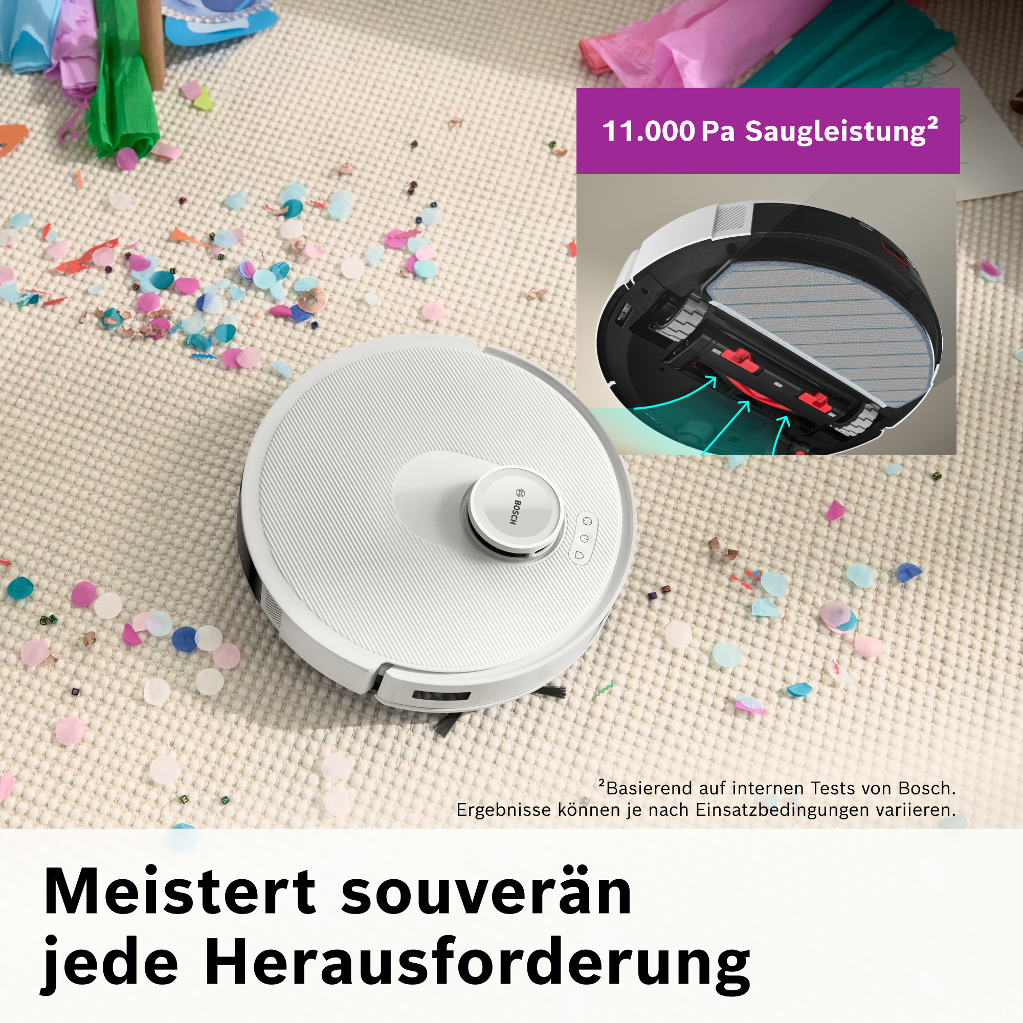 Ein weißer Roboter-Staubsauger auf einem mit Konfetti bedeckten Teppich. Eine Abbildung zeigt die inneren Komponenten.