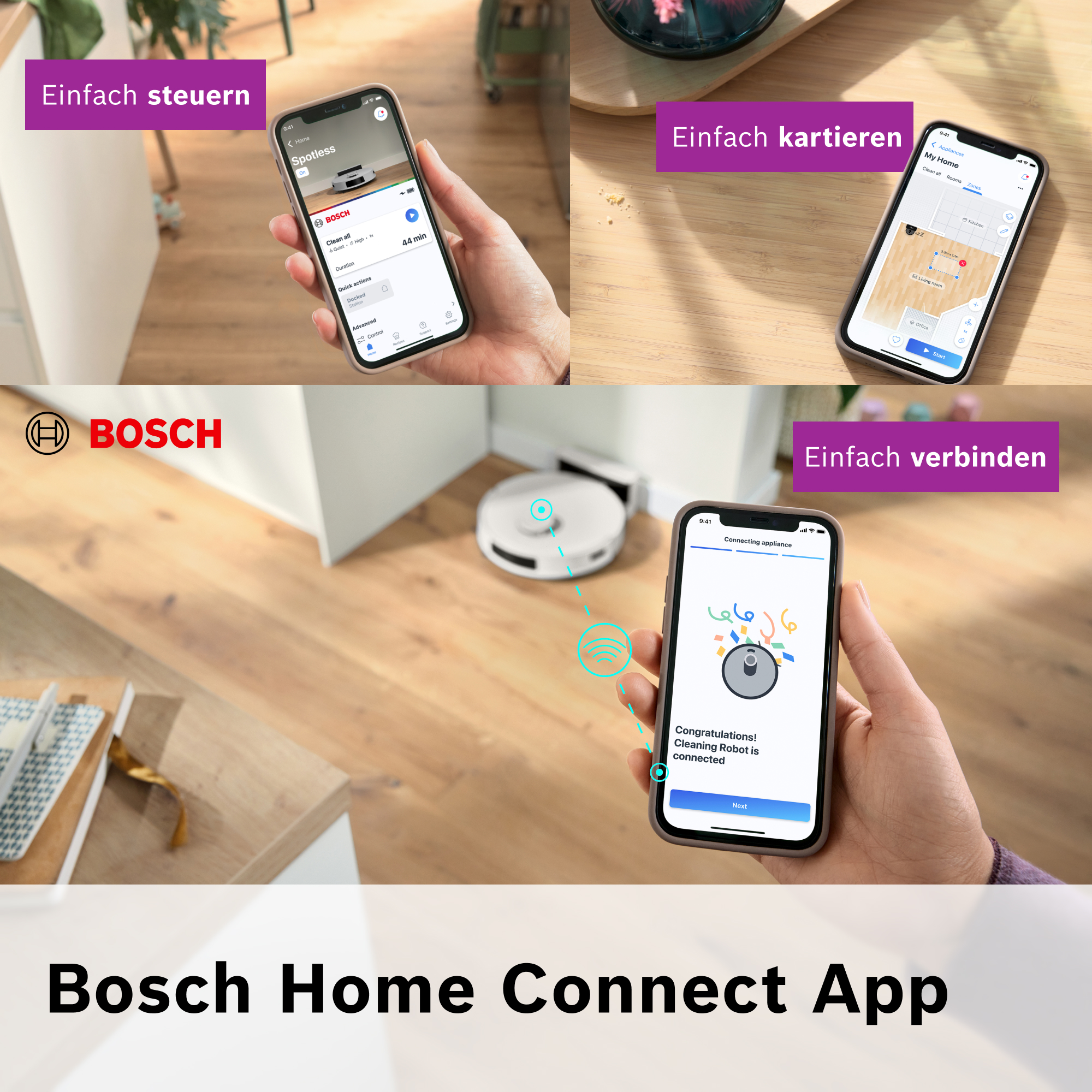 Das Bild zeigt Funktionen der Bosch Home Connect App auf Smartphones: Steuerung, Karte und Verbindung eines Roboterstaubsaugers.