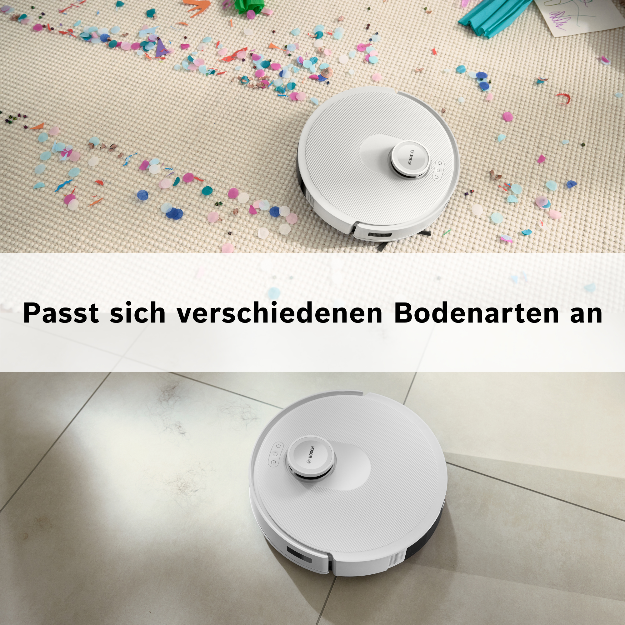 Ein weißer Roboter-Staubsauger auf einem mit Konfetti bedeckten Teppich. Ein weiterer Staubsauger befindet sich auf Fliesen.