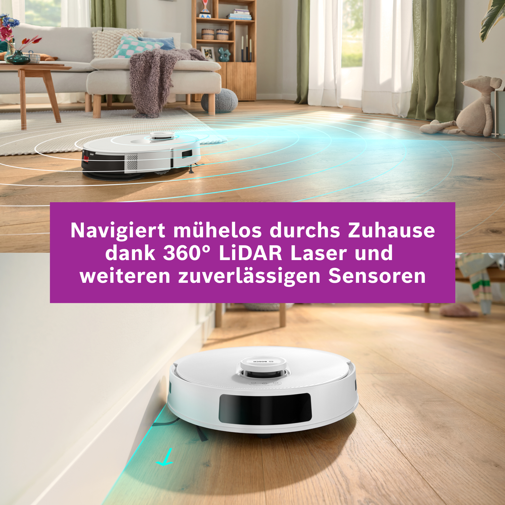 Ein weißer Roboter-Staubsauger reinigt einen Holzboden. Der Roboter kartiert den Raum mit blauen Linien.