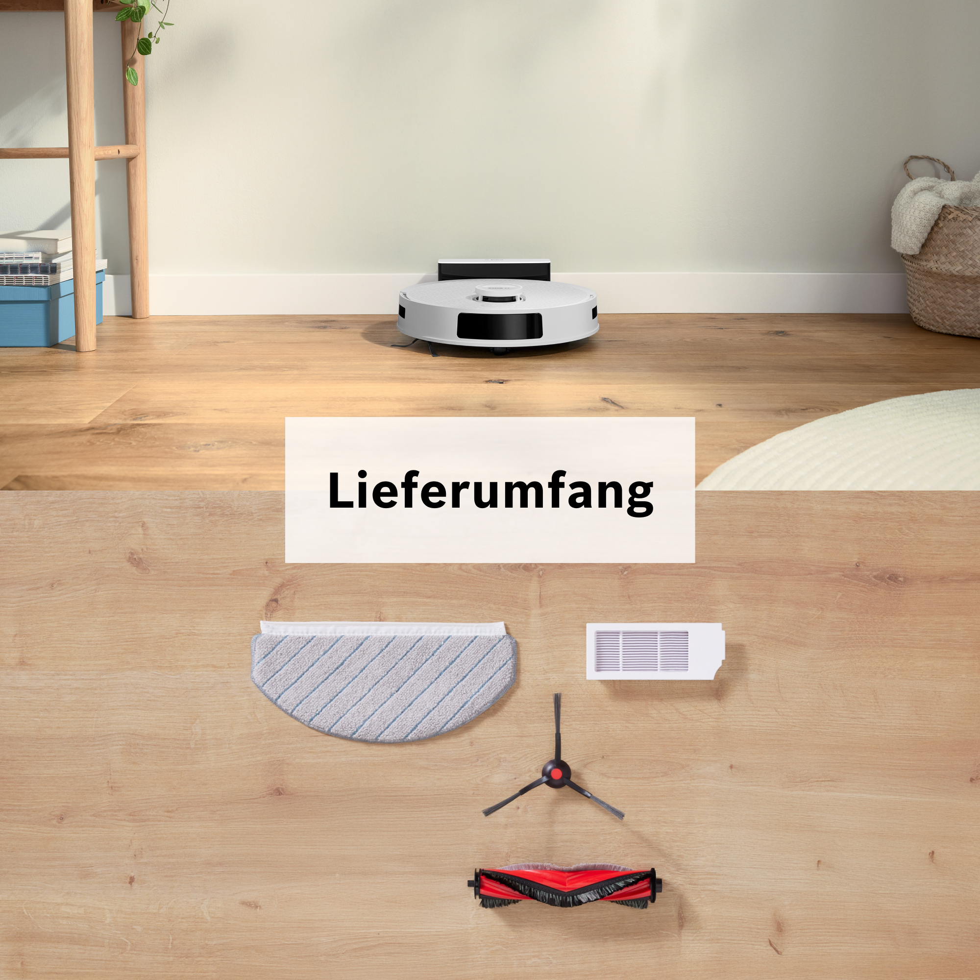 Ein weißer Roboter-Staubsauger und sein Zubehör auf einem Holzboden. Der Text "Lieferumfang" steht in der Mitte.