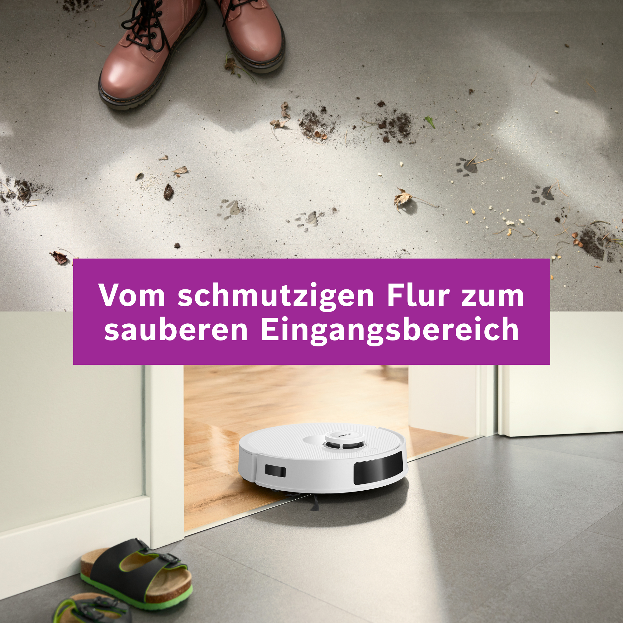 Rosa Stiefel auf schmutzigem Boden, Roboterreiniger in der Tür, Text: Vom schmutzigen Flur zum sauberen Eingangsbereich.