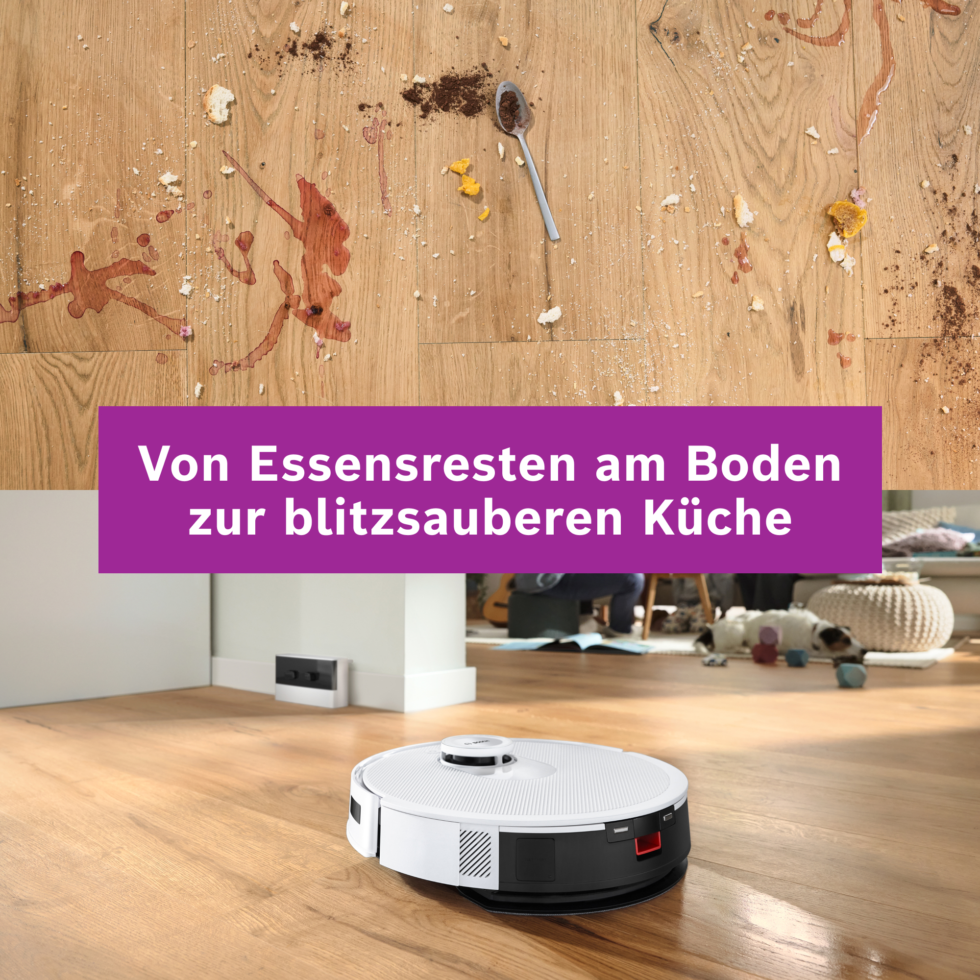 Holzboden mit Essensresten. Ein Roboterstaubsauger im Vordergrund. Text: „Von Essensresten zur blitzsauberen Küche“.