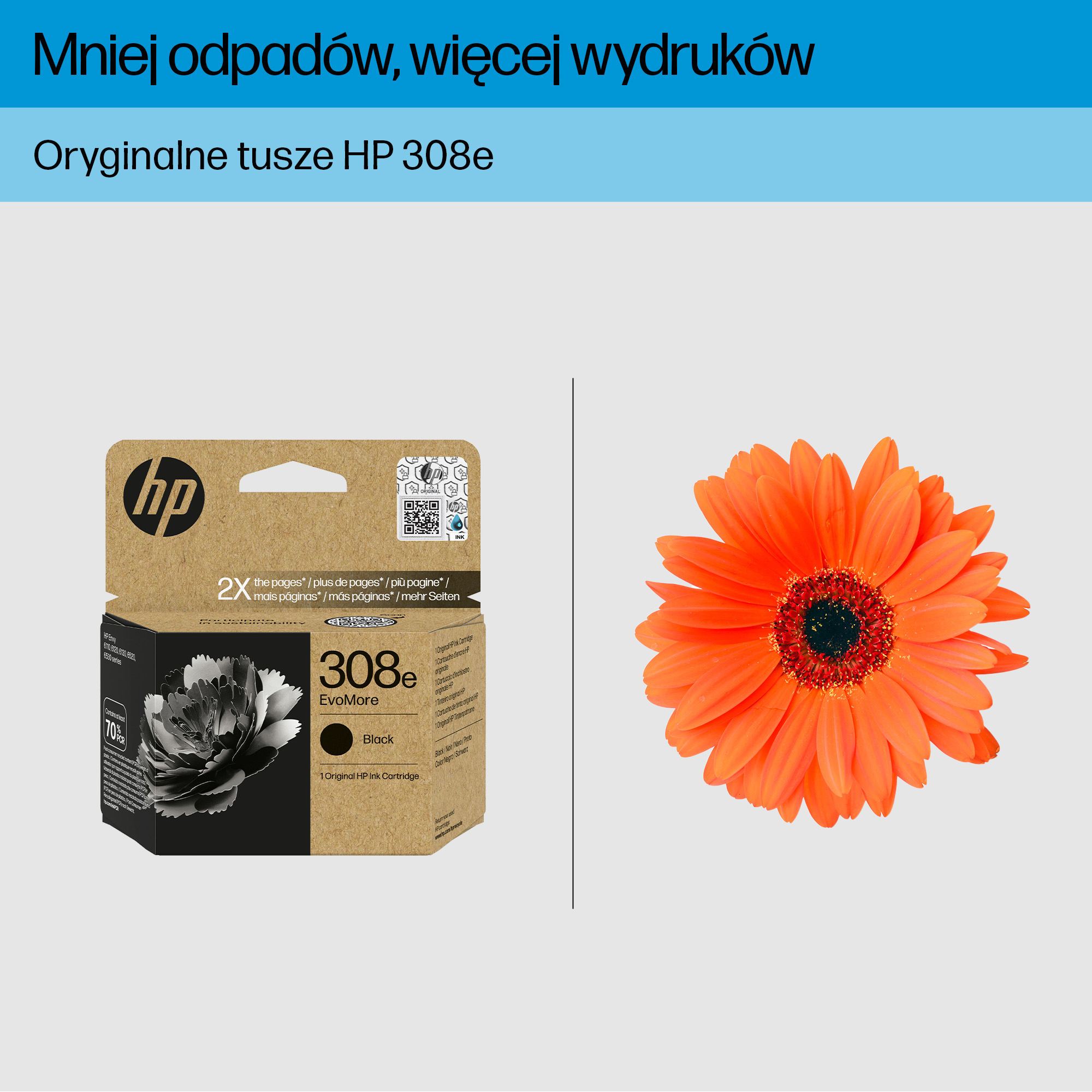Obraz przedstawia wkład atramentowy HP i pomarańczową gerberę. Tekst mówi: 'Więcej wydruków, mniej odpadów'.