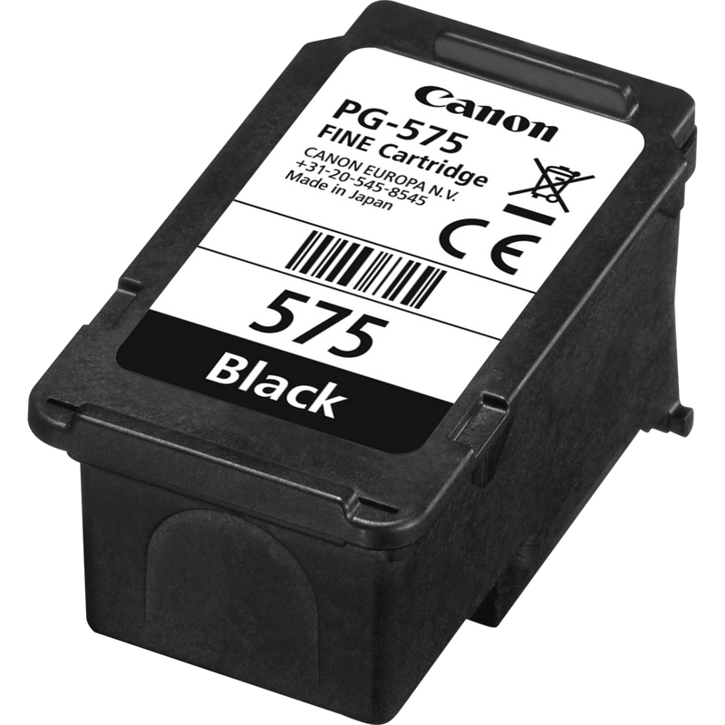 Czarny wkład Canon PG-575 FINE. Posiada napis '575 Black' na etykiecie z logo Canon i innymi informacjami.