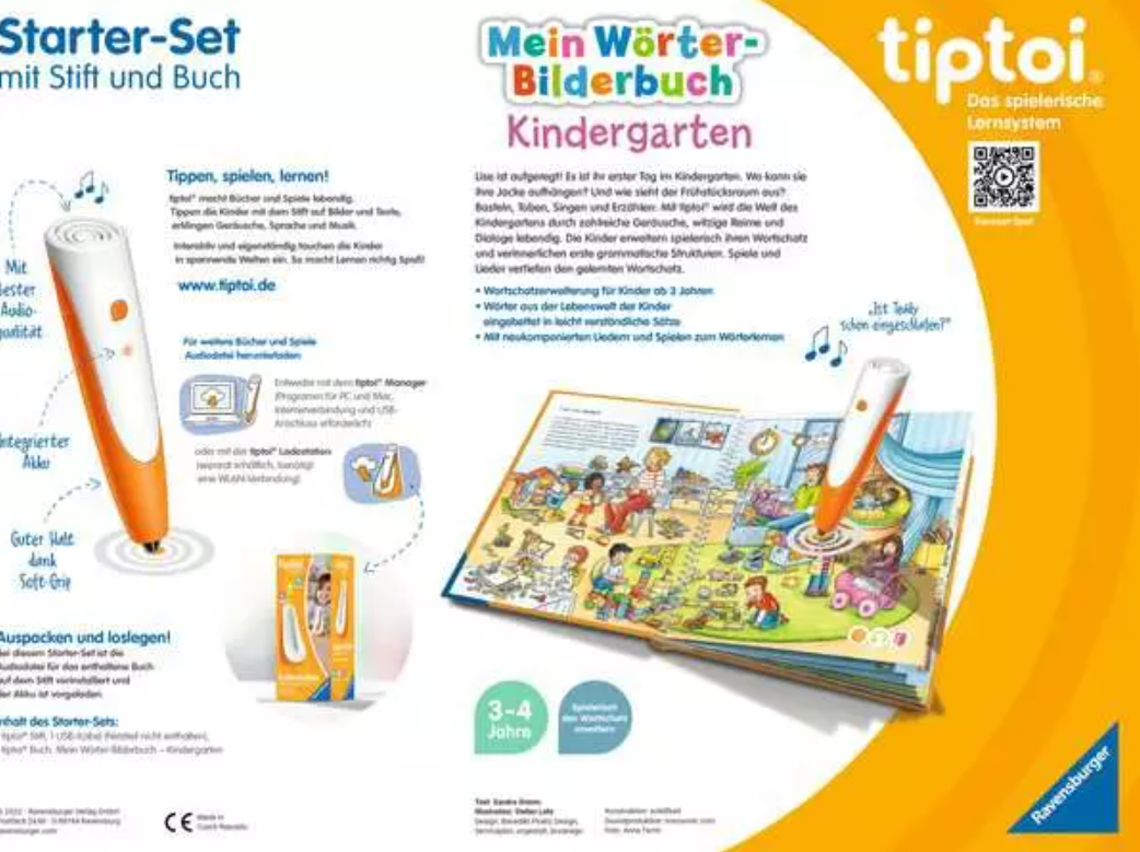 Ein orangefarbener und weißer Stift schwebt über einem farbenfrohen Kinderbuch. Auf dem Cover steht 'Mein Wörter-Bilderbuch Kindergarten'.