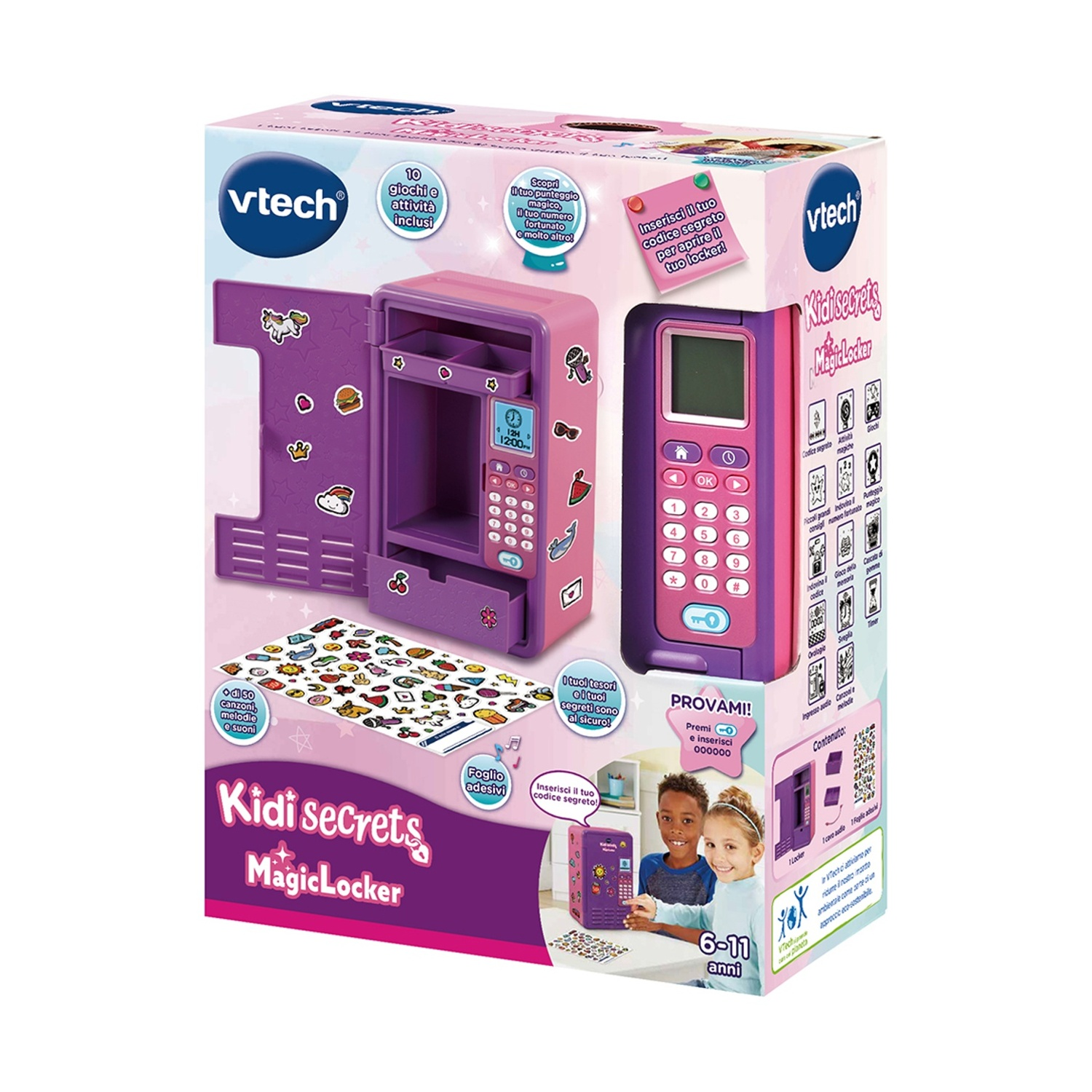 Scatola di un VTech Kidi Secrets MagicLocker rosa e viola. Mostra l'armadietto, una tastiera e due bambini.