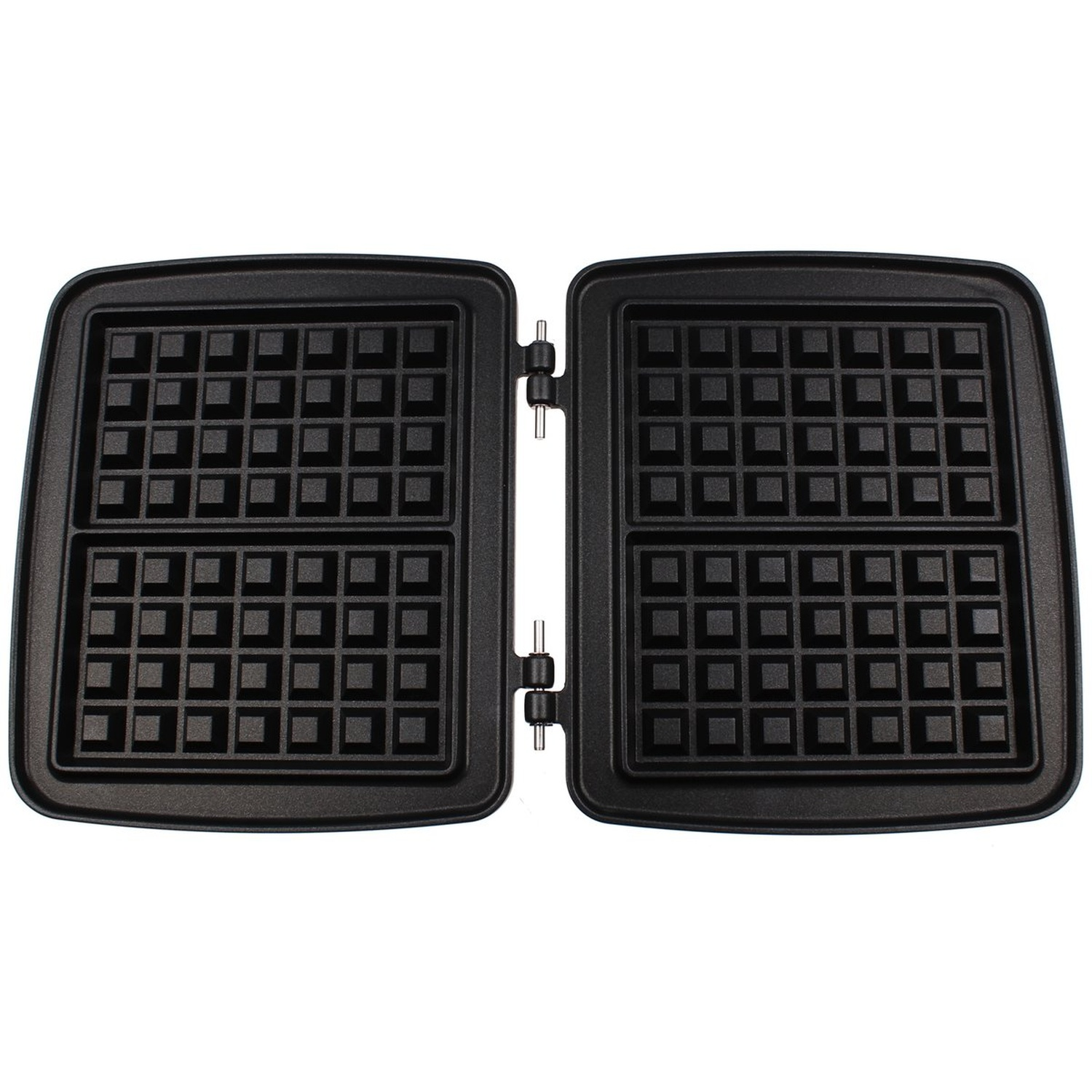 Gaufrier noir ouvert, vue de dessus. Deux moitiés reliées par une charnière. Chaque moitié a un motif de grille.