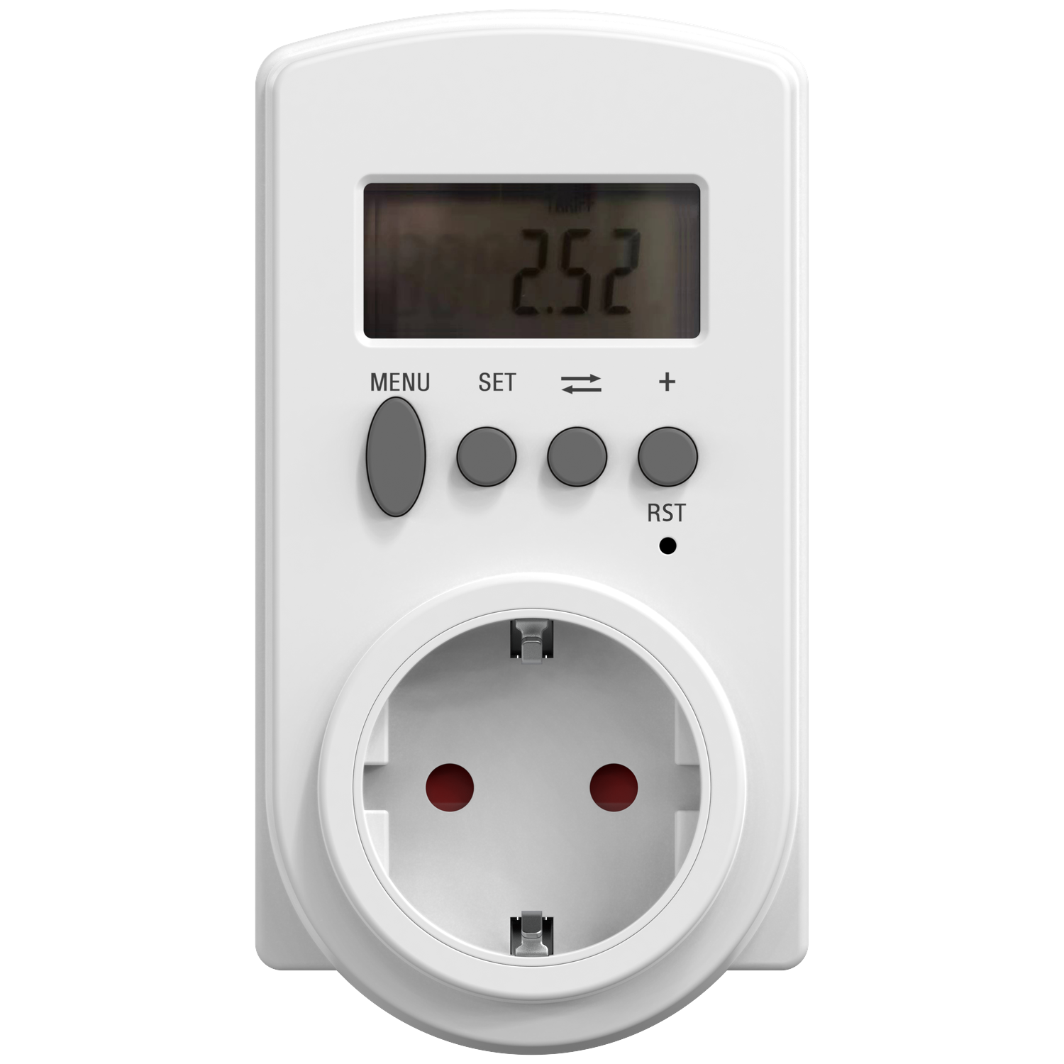 A white power meter with a digital display showing 2.52. It has buttons for menu, set, and plus. A socket is at the bottom.