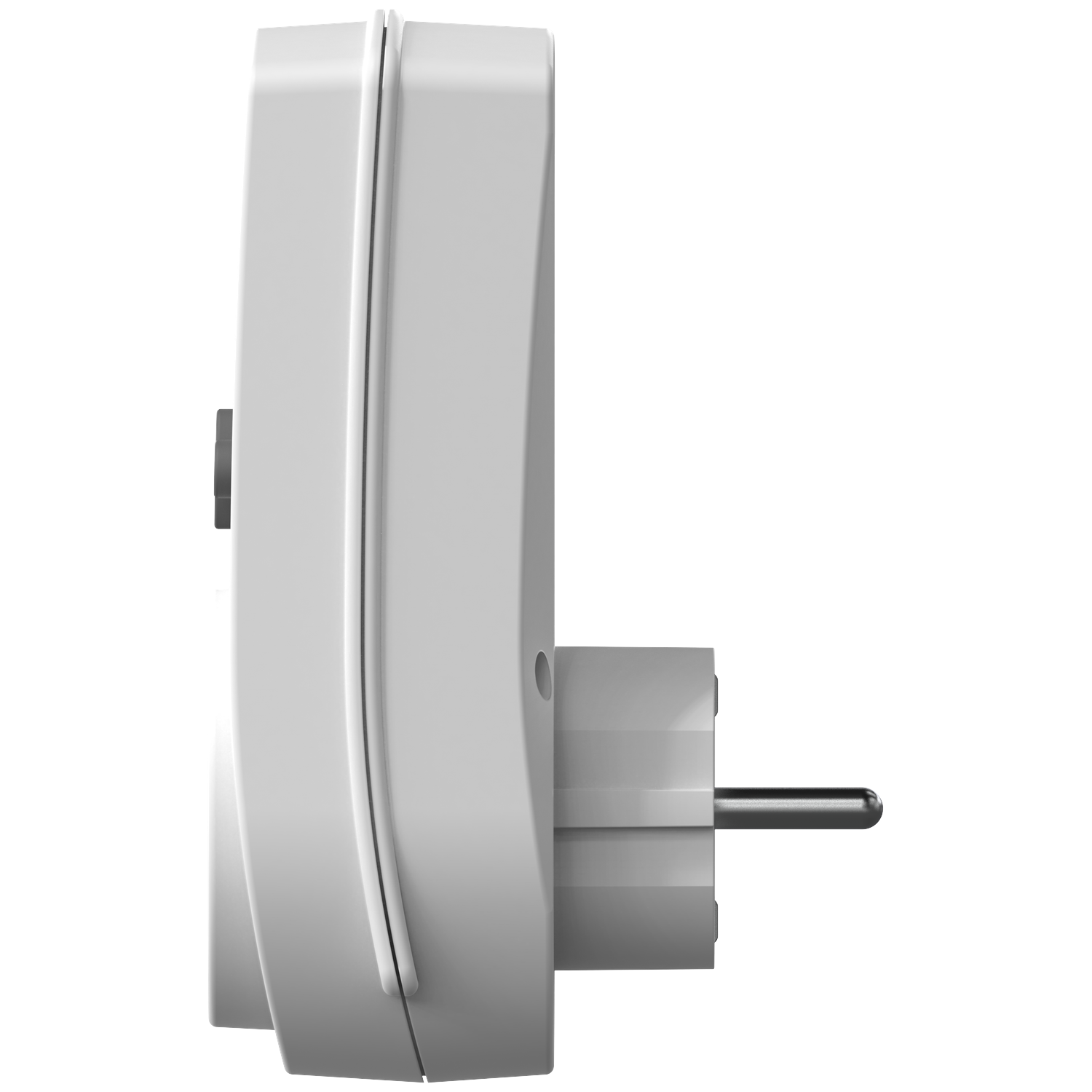 A white smart plug, side view, with a male plug extending to the right. It has a round button and a groove.