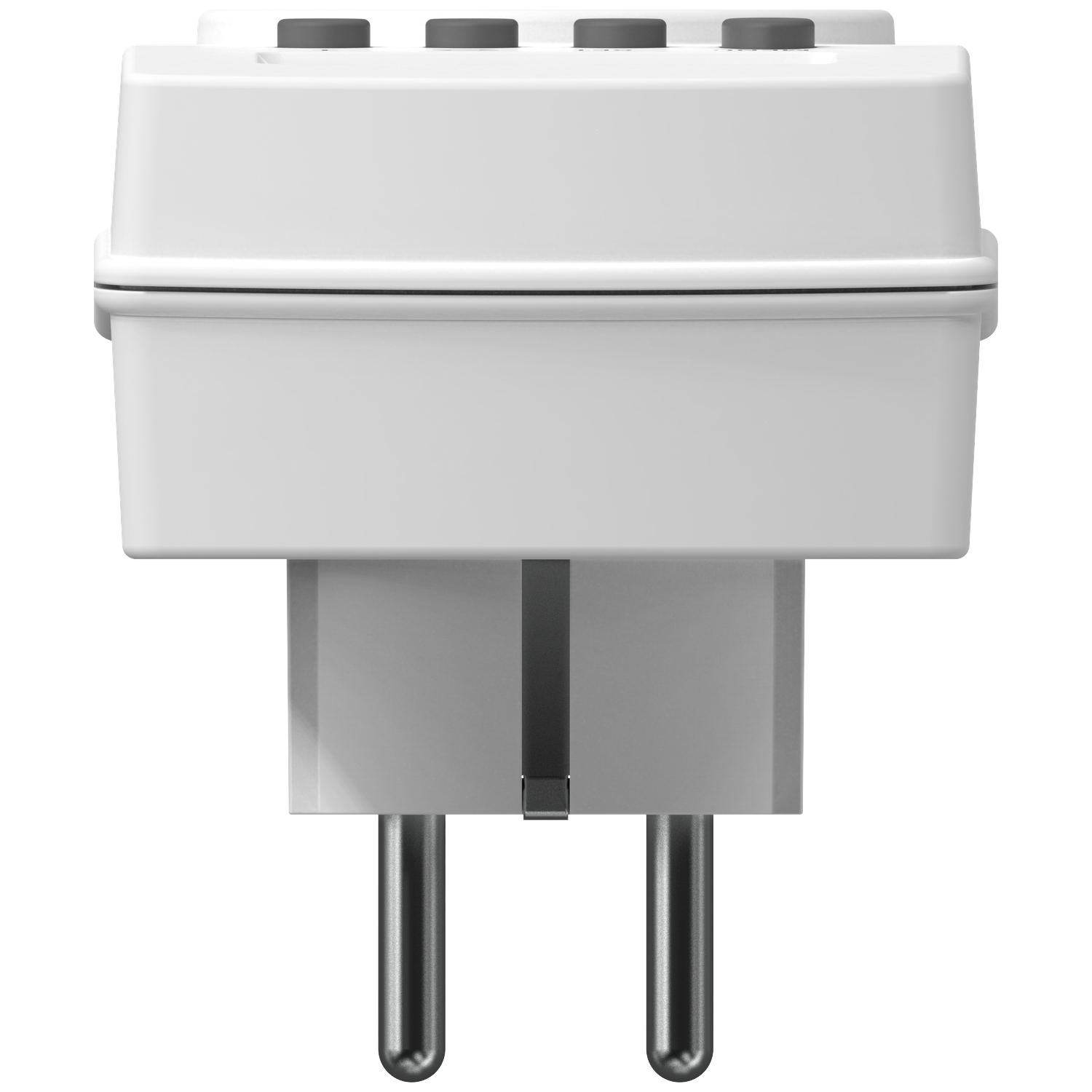 A white electrical adapter with three gray buttons on top and two metal pins at the bottom for plugging into an outlet.