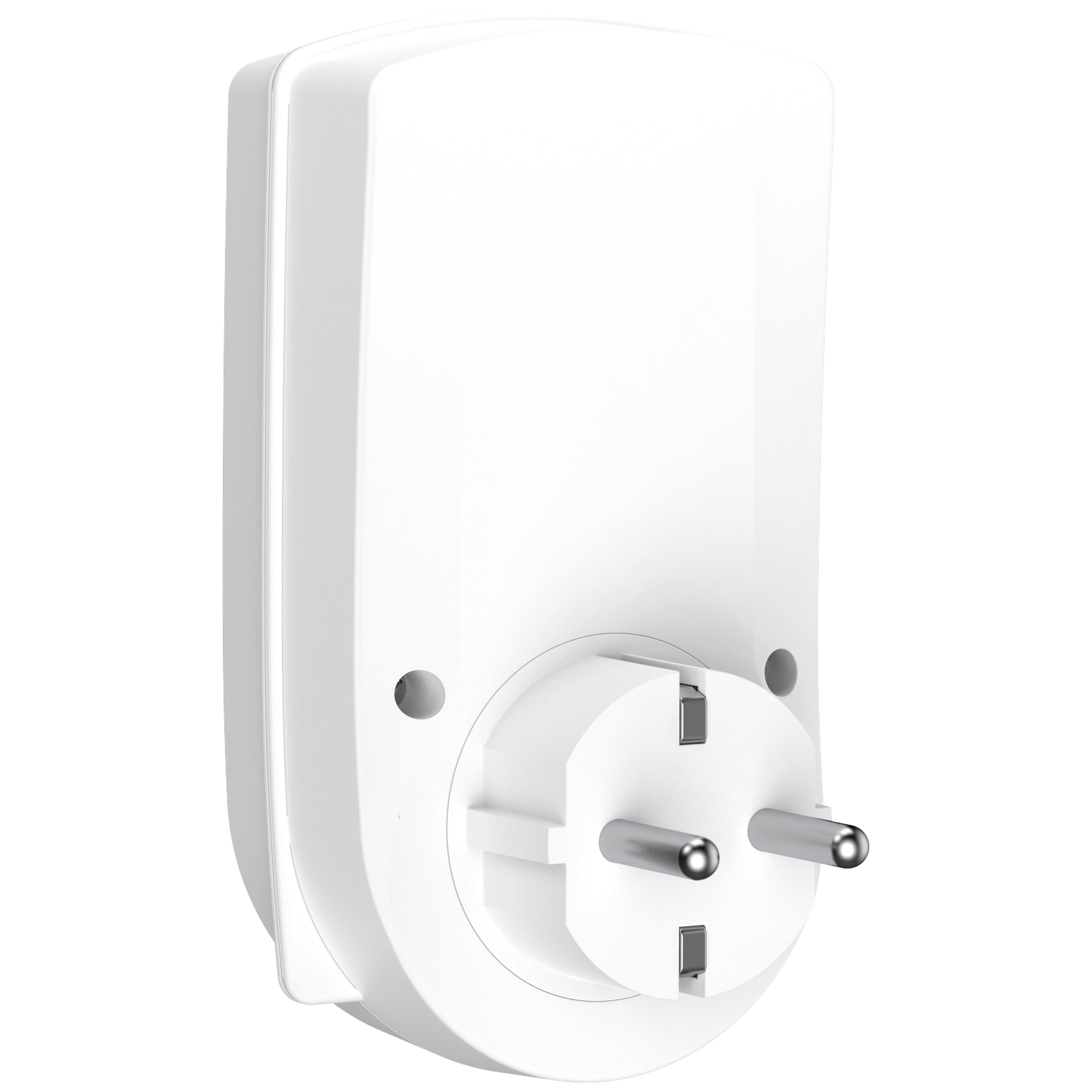 A white electrical plug adapter. It has two silver prongs and two holes. The adapter is against a white backdrop.