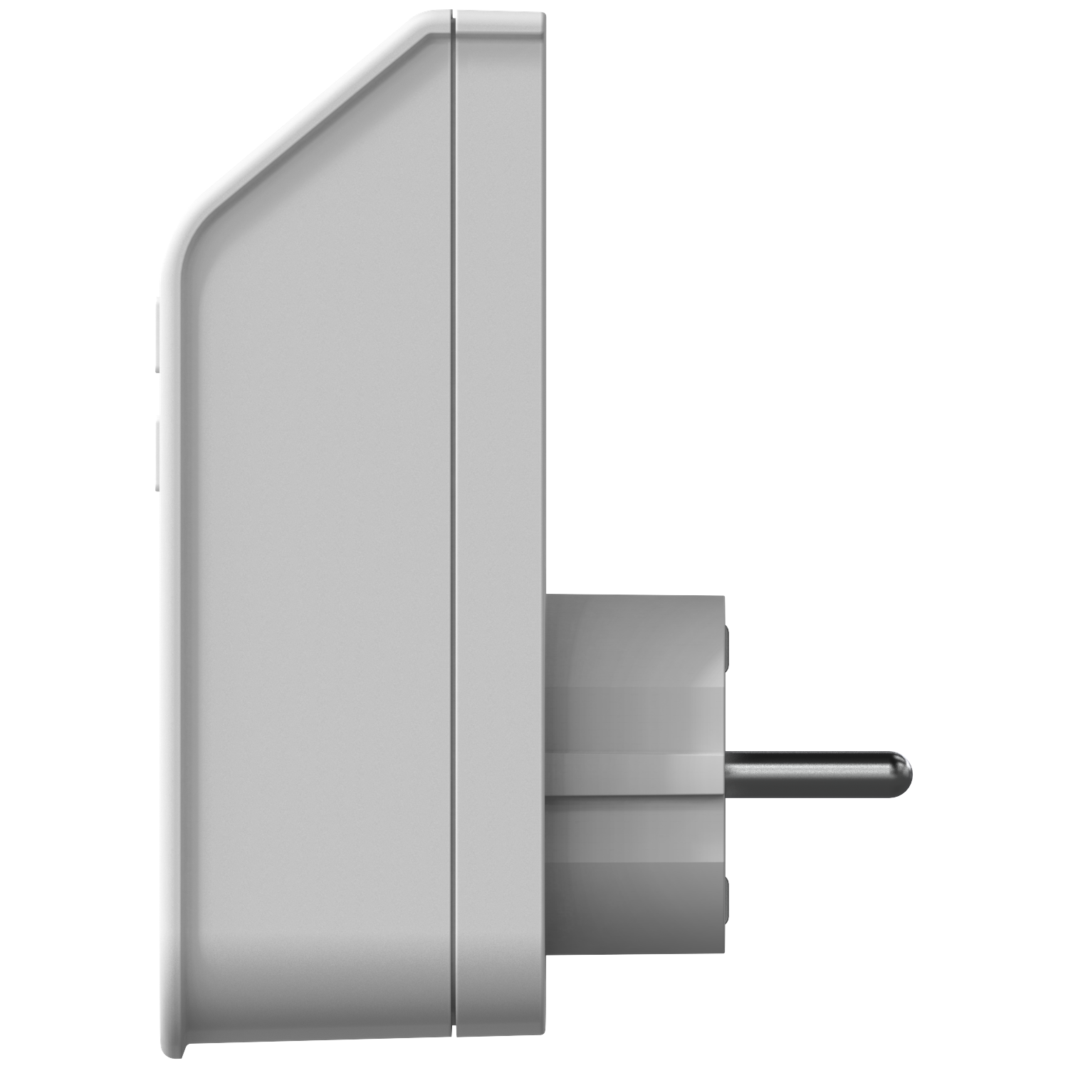 Side view of a white electrical plug adapter with a silver plug. The adapter is rectangular with rounded corners.